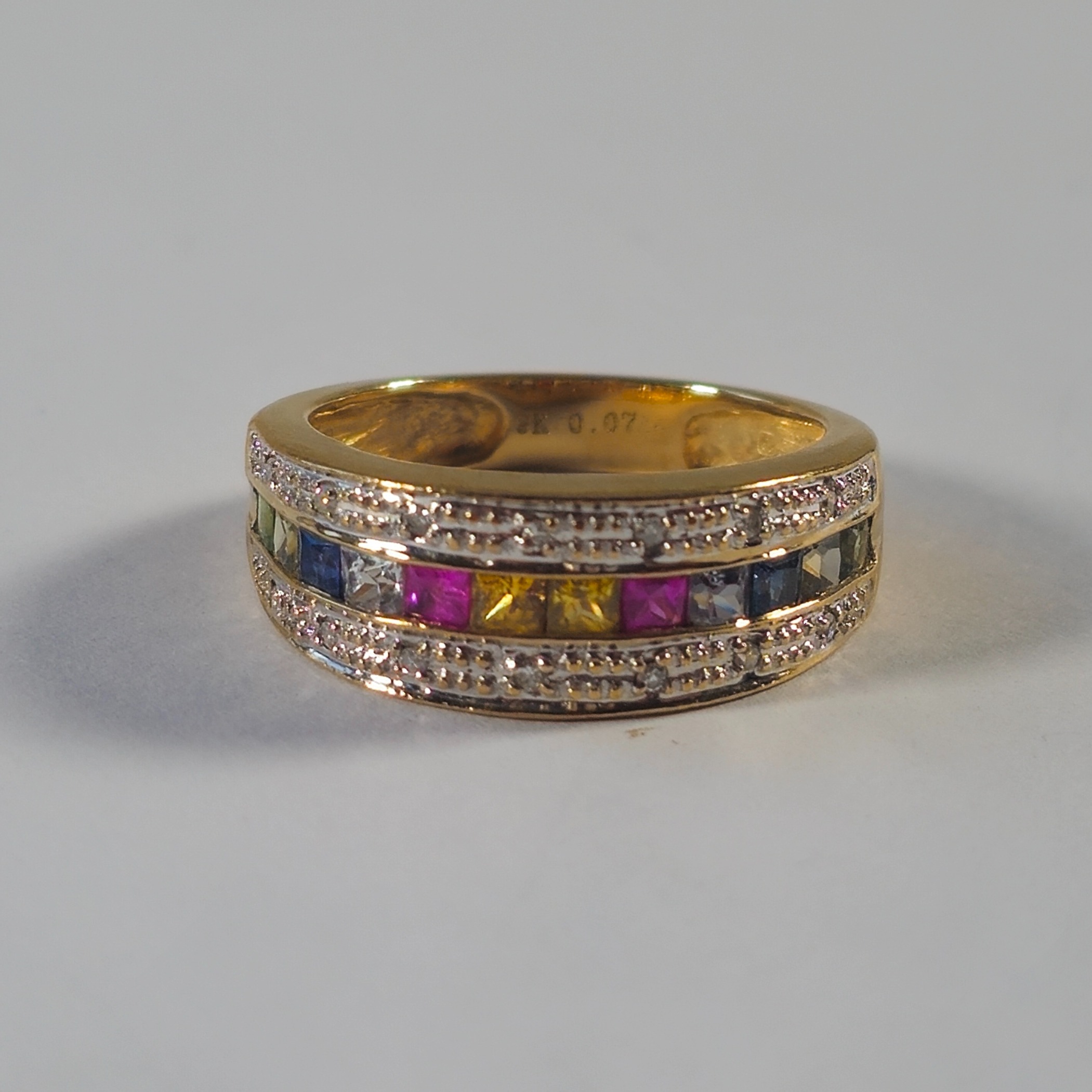 Product photo for 9ct Gold Diamond, Sapphire & Multi Colour Stone Half Band Ring Size K1/2