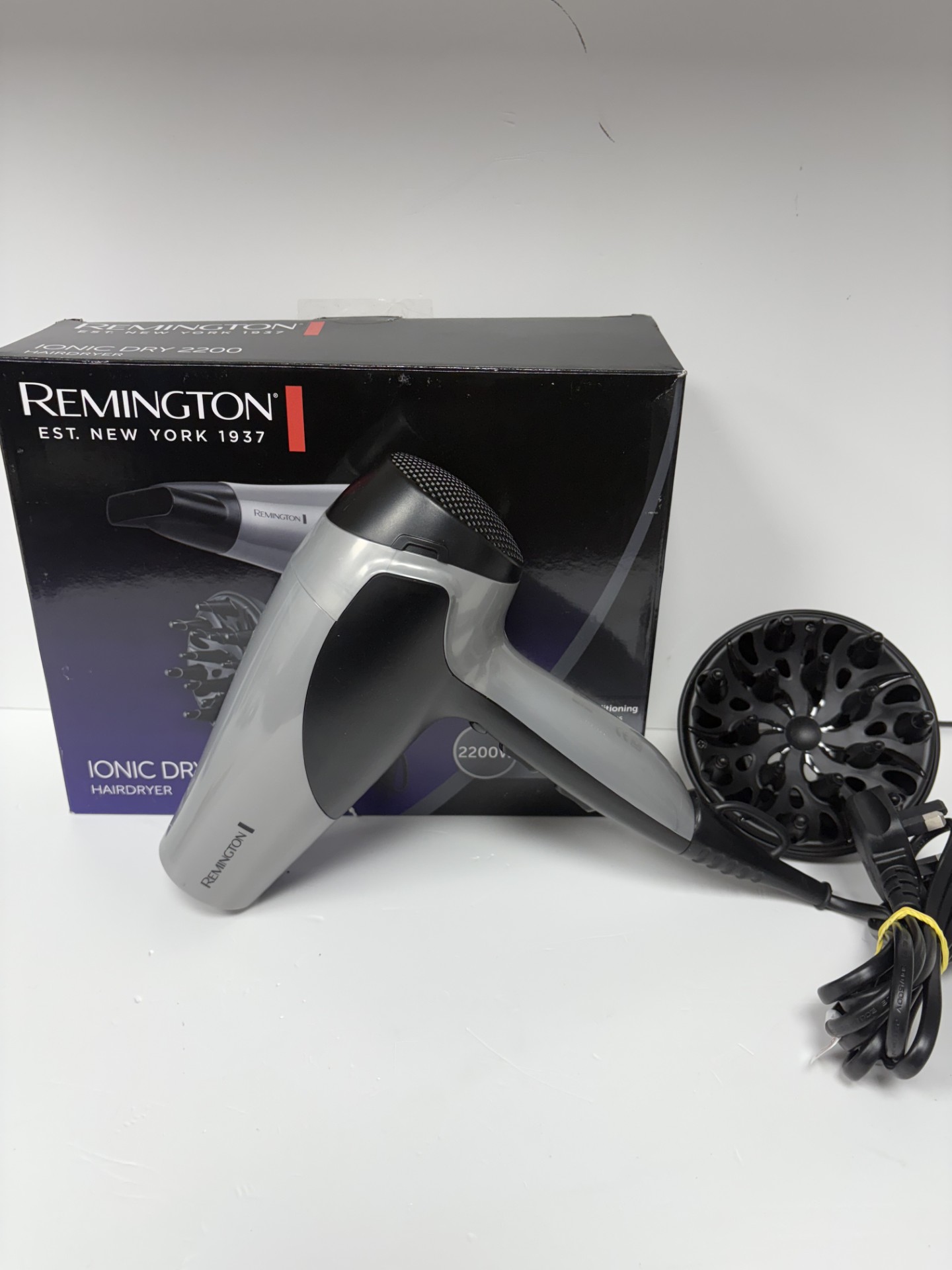 Product photo for REMINGTON remington IONIC DRY 2200 hairdryer boxed with accessories
