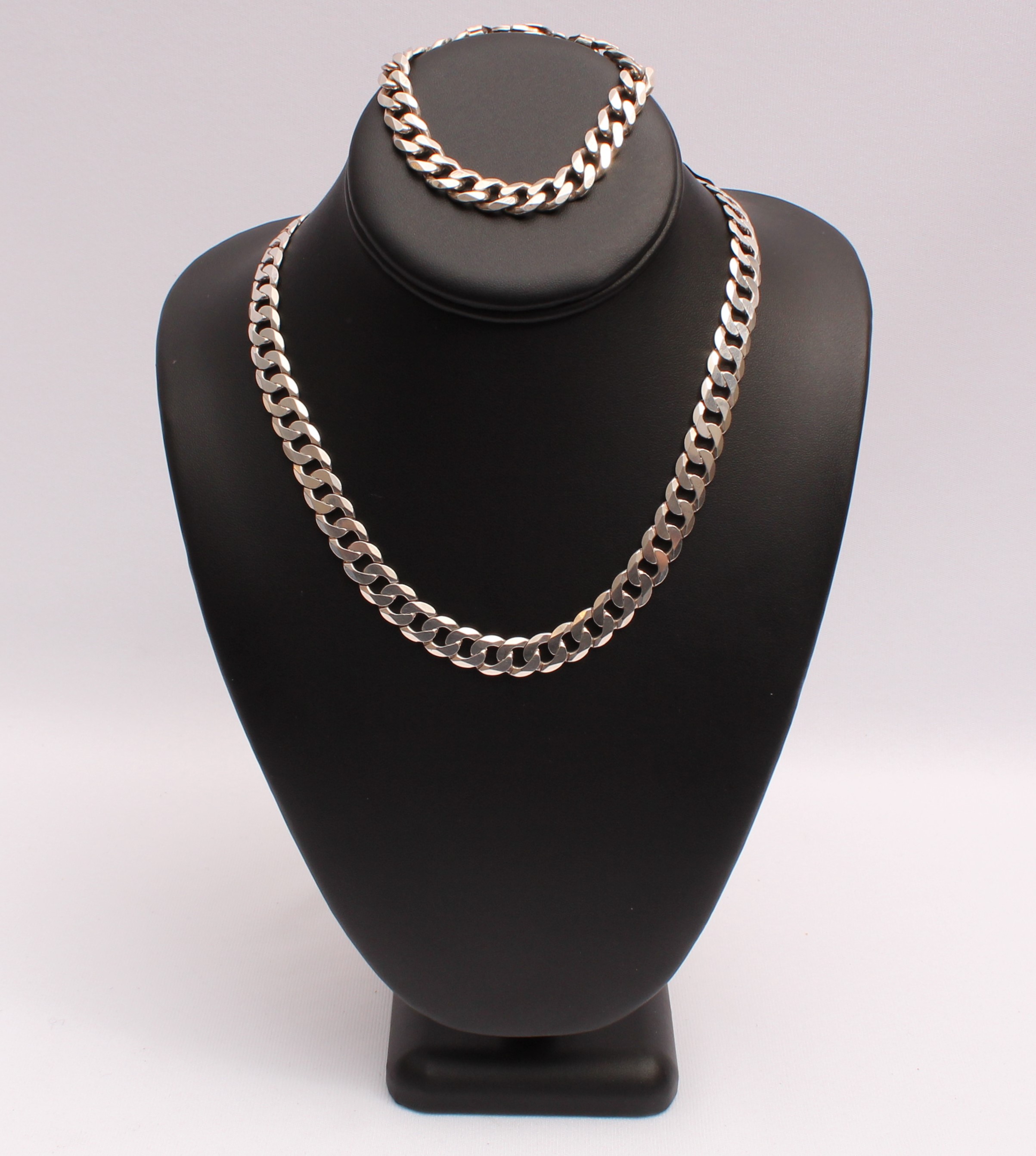 Product photo for 925 Sterling Silver Solid Curb Linked Men's Chain & Bracelet Set
