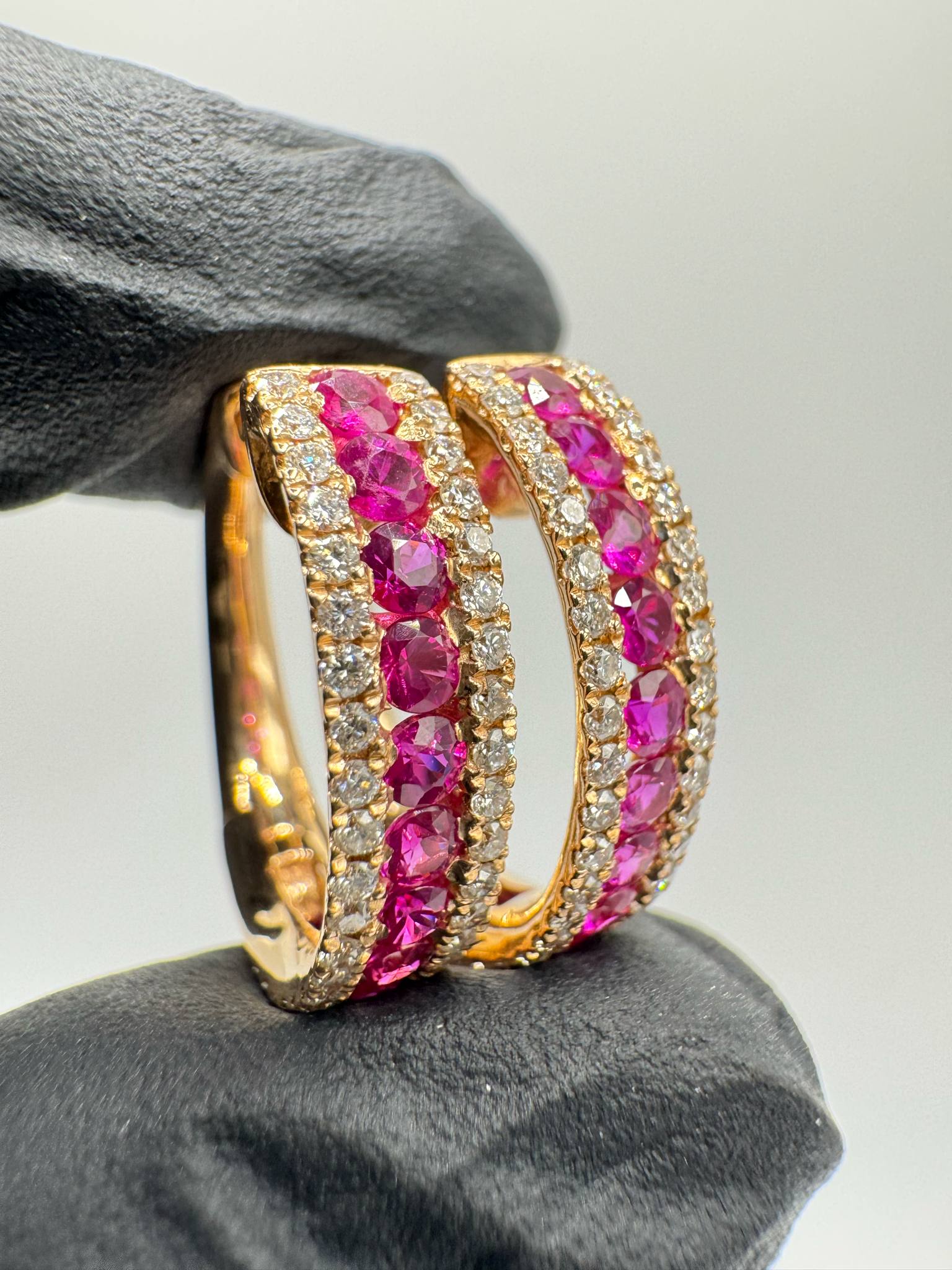Product photo for 18ct Three Row Synthetic Ruby & Diamond Hinged Earrings
