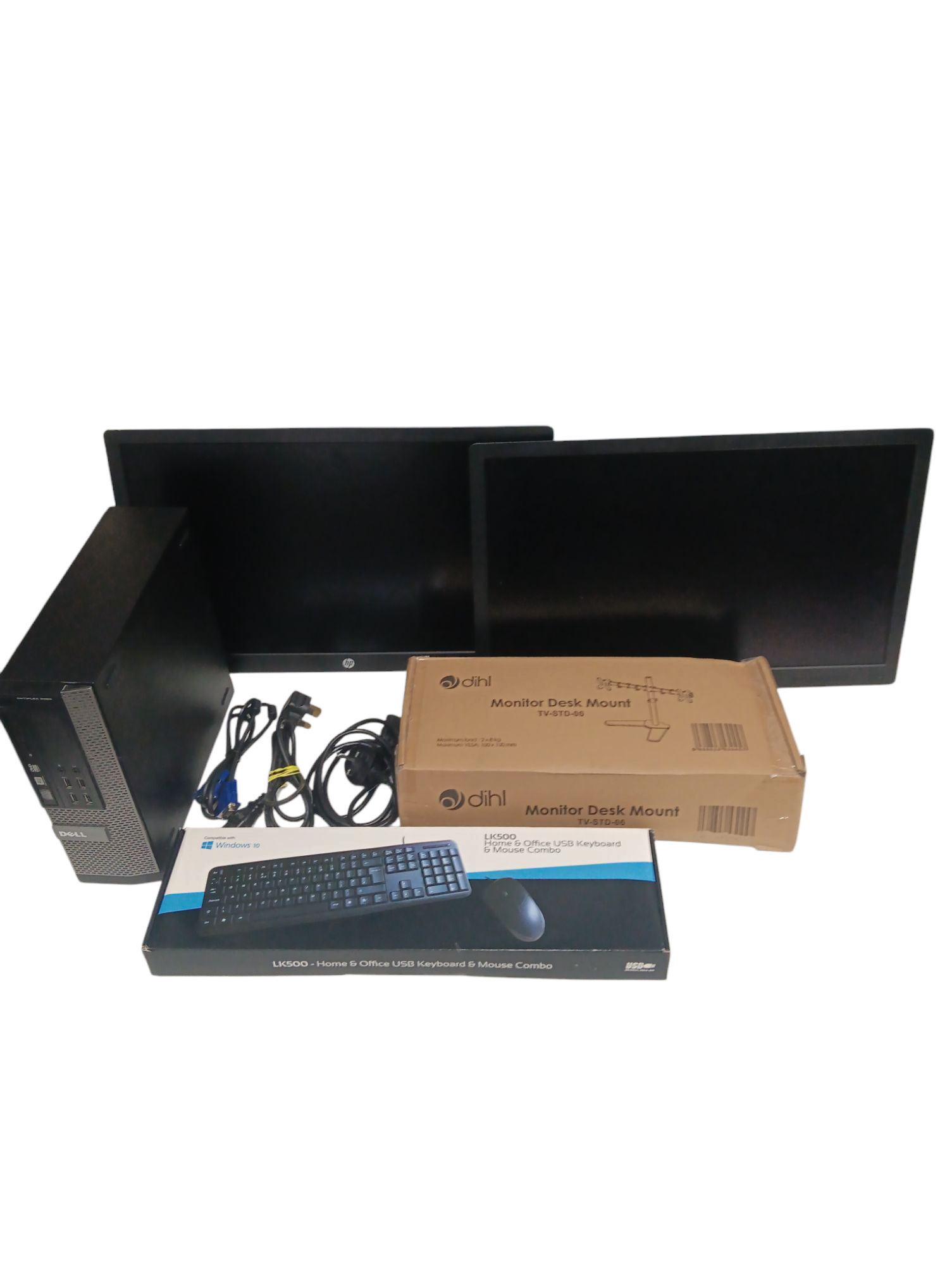 Product photo for Dell optiplex 9020, 2 x HPE232 Monitors, Dual Monitor Stand, Mouse and Keyboard