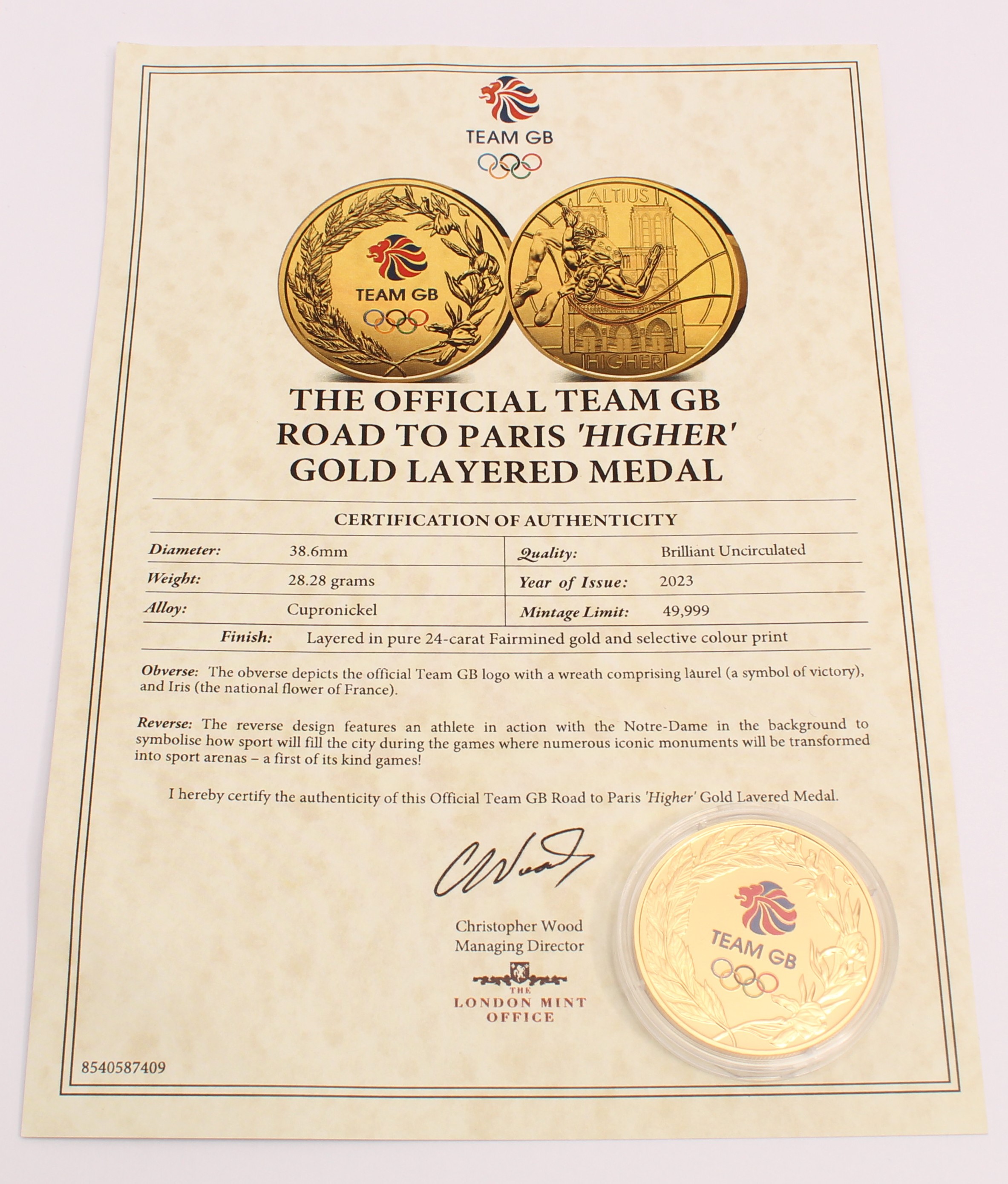 Product photo for Team GB 2023 Road to Paris Higher 24-Carat Fairmined Gold Layered Medal with COA