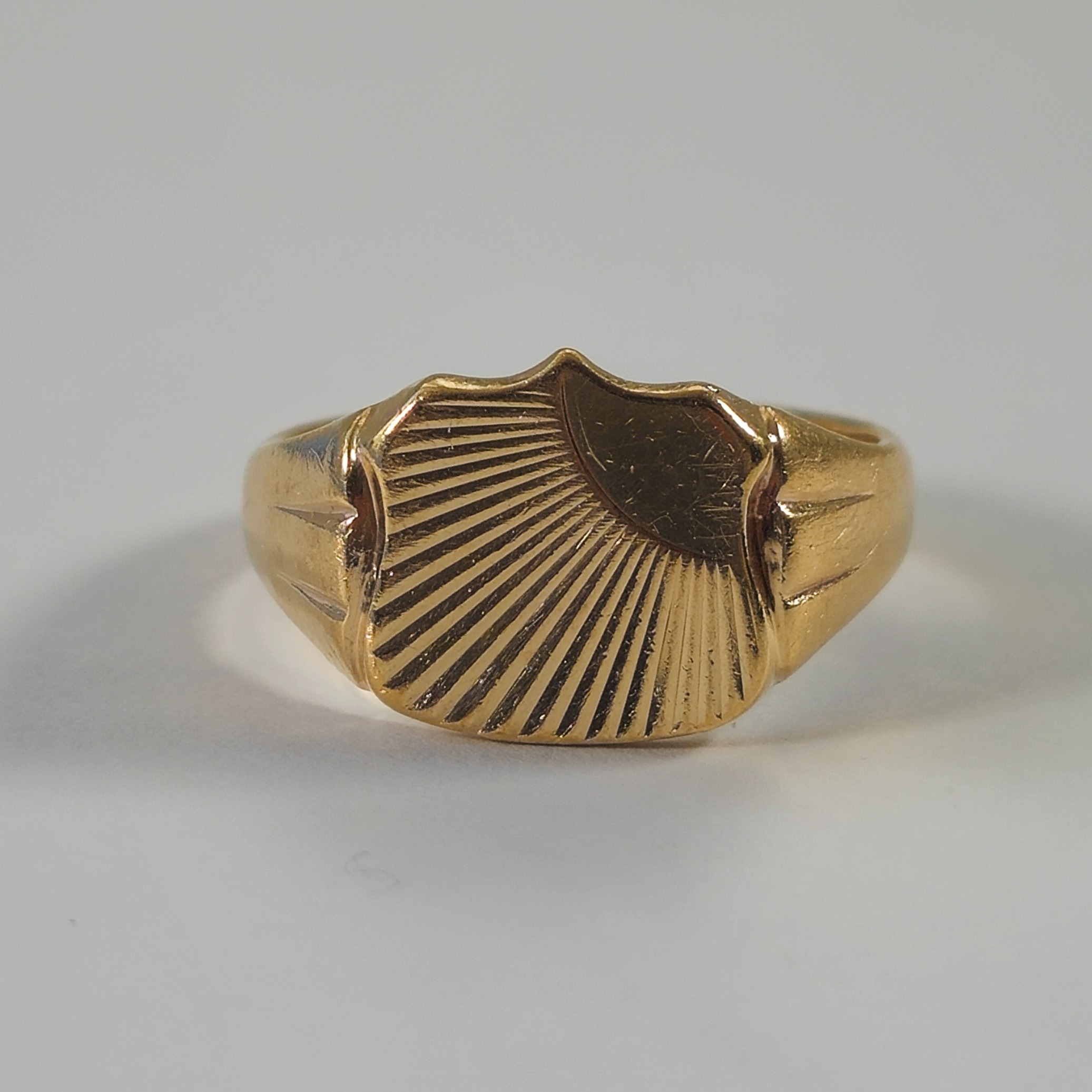 Product photo for 9ct Gold Sunburst Style Shield Signet Ring Size Q1/2