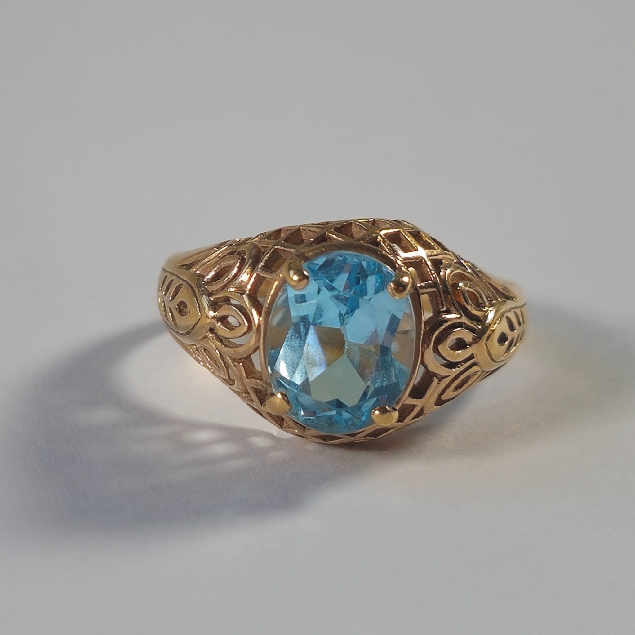 Product photo for 9ct Gold Oval Blue Stone Pierced Setting Dress Ring Size Q1/2