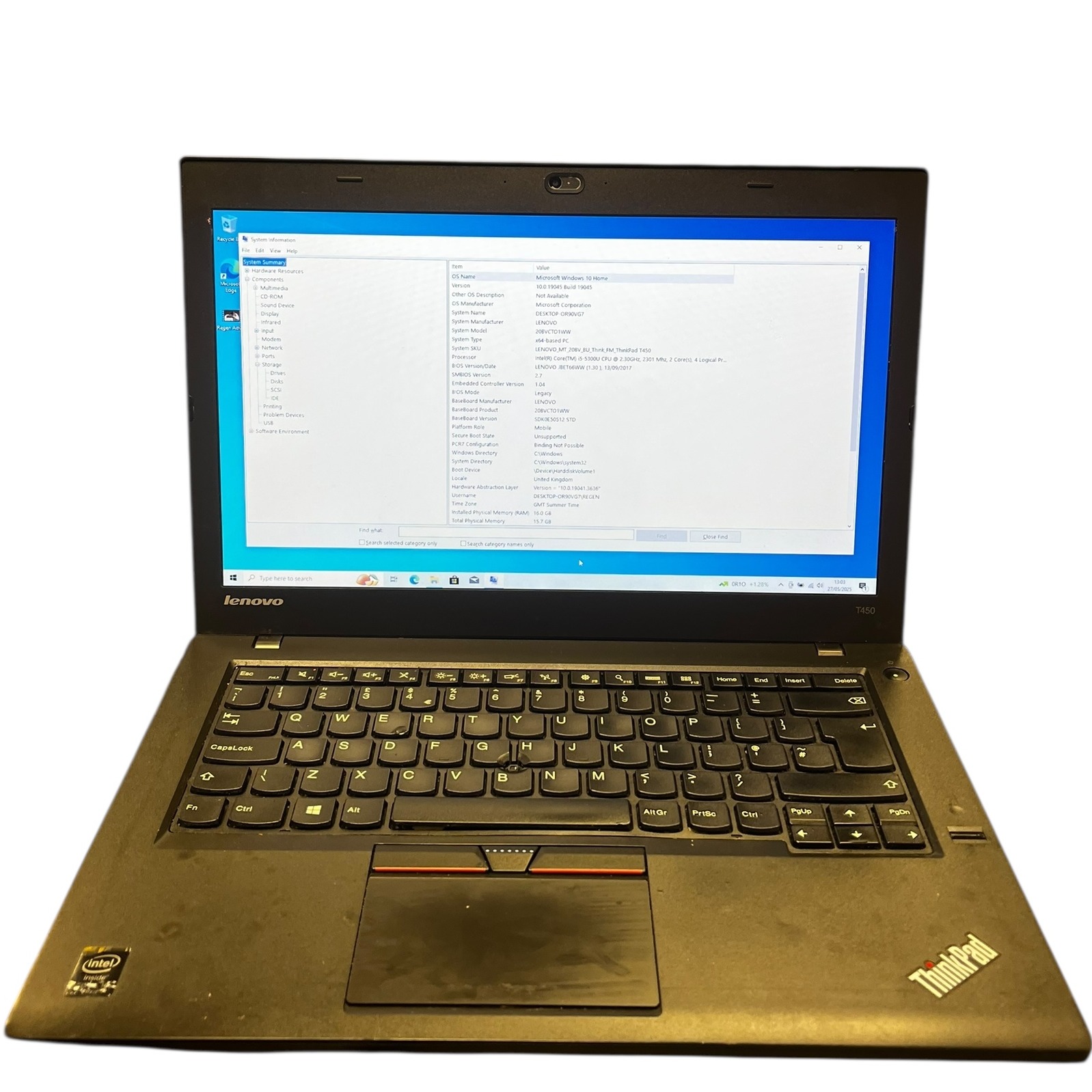 Product photo for Lenovo ThinkPad T450 (16GB Ram, 500GB HDD, i5-5300U Processor, Windows 10, Used)