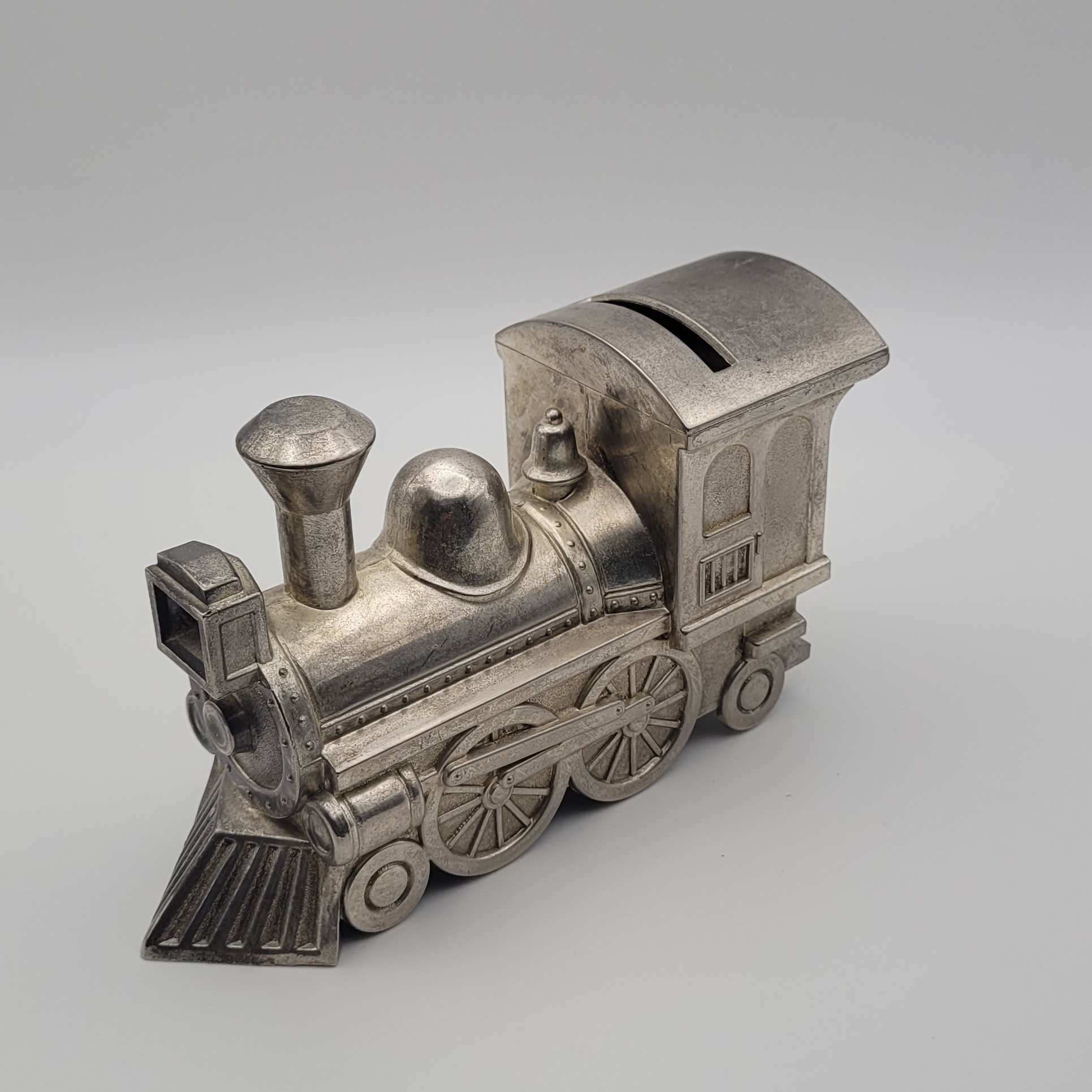 Product photo for Vintage Silver Plated Locomotive Antique Steam Train Money Box