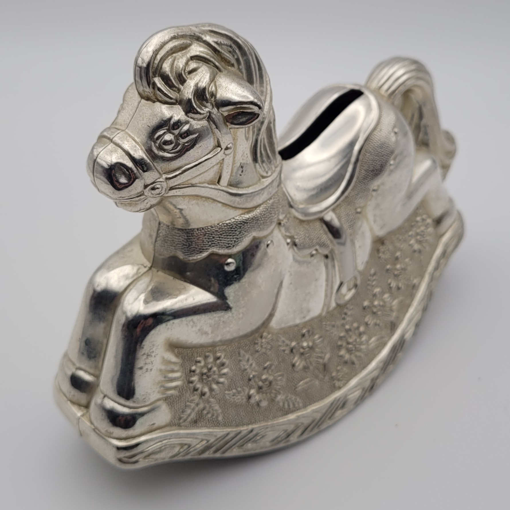 Product photo for VIintage Silver Colour Rocking Horse Money Box