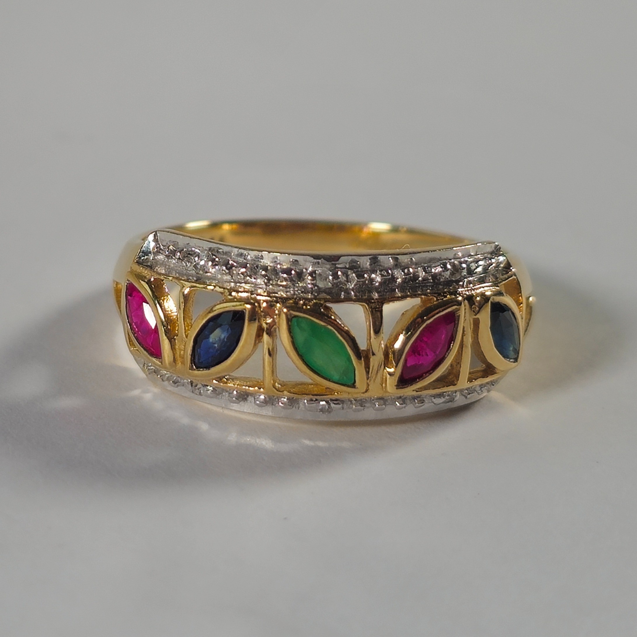 Product photo for 9ct Gold Marquise Ruby, Sapphire, Emerald & Tiny Round Diamond Half Band Ring Size O1/2
