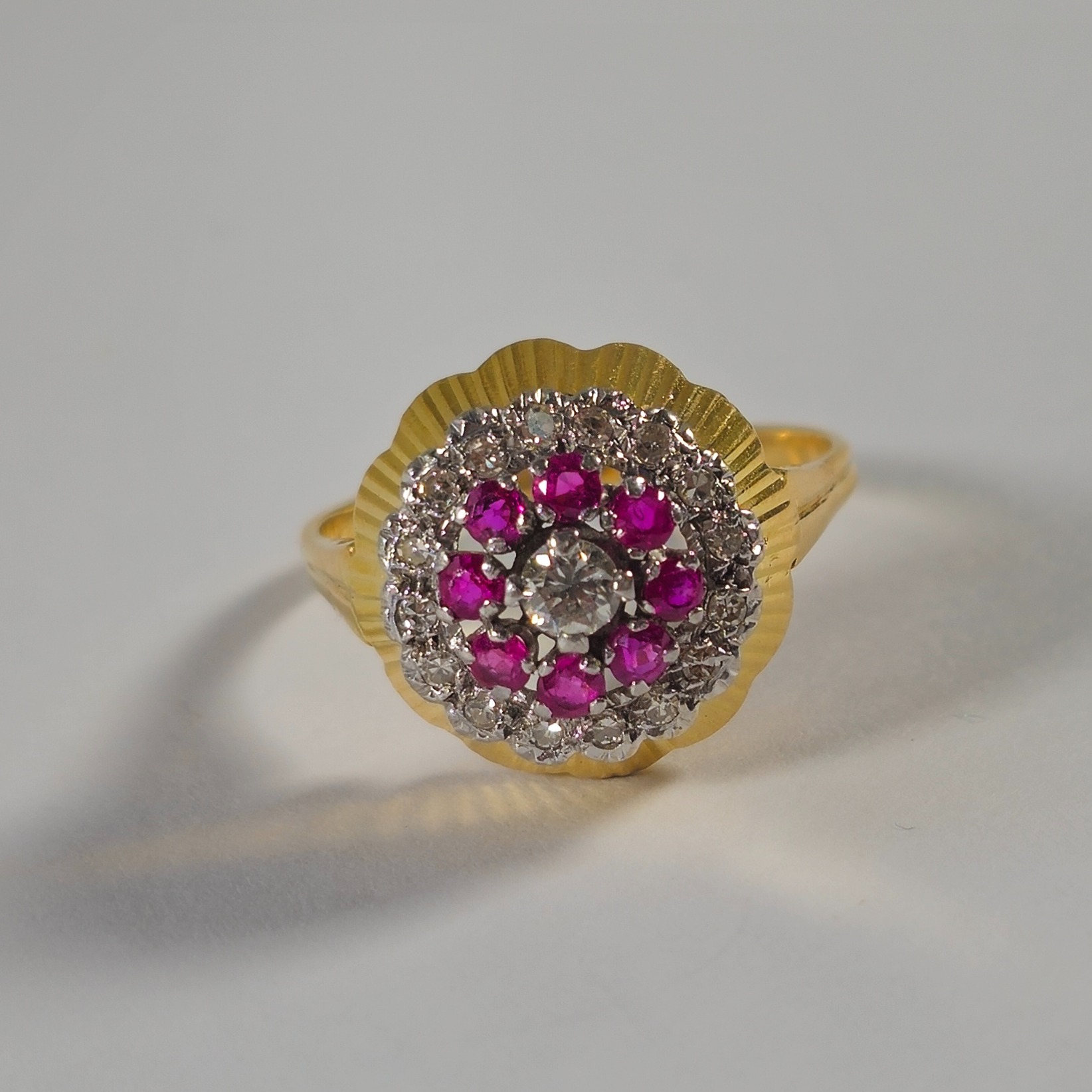 Product photo for 18ct Gold Diamond & Ruby Round Cluster Flower Ring Size S