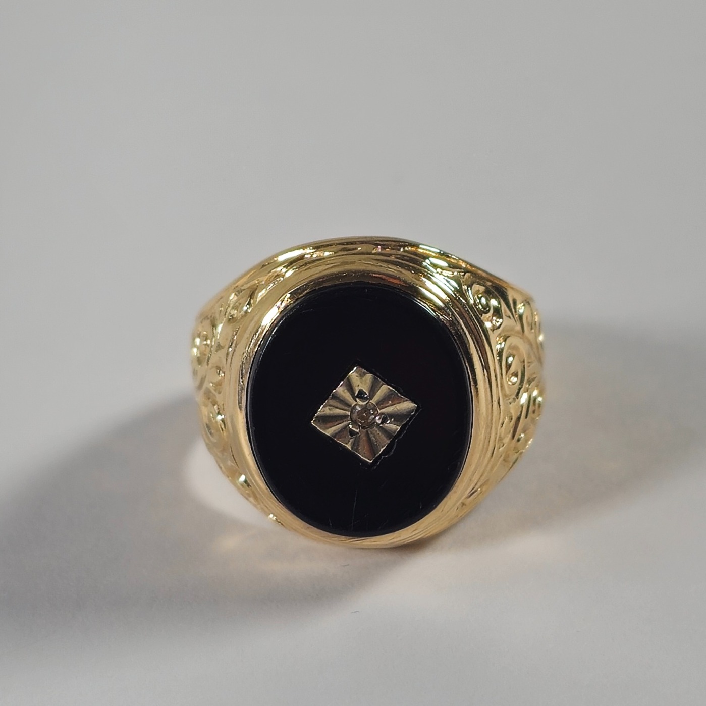 Product photo for 9ct Gold Oval Black Stone Signet Ring Size L1/2