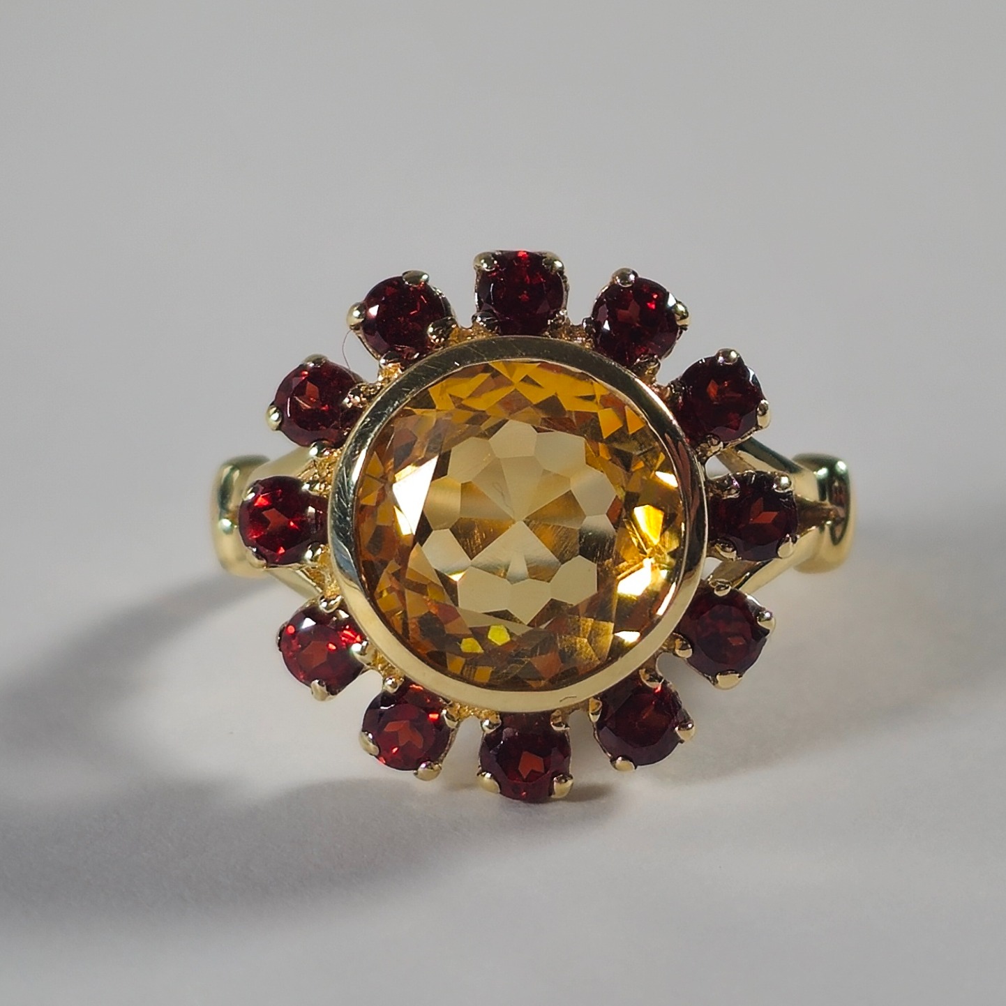 Product photo for 9ct Gold Yellow & Red Stone Flower Cluster Ring Size N