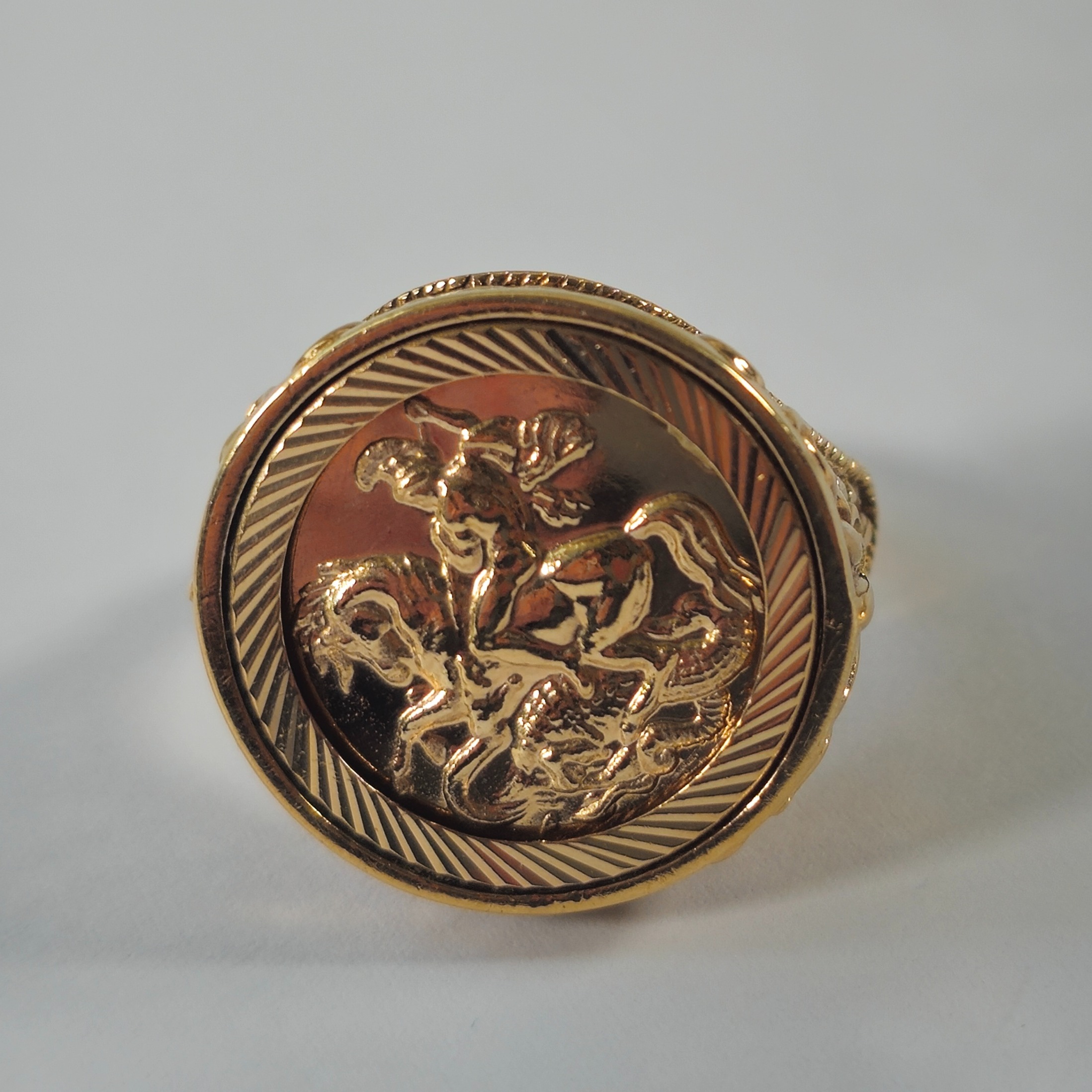 Product photo for 9ct Gold St. George & Ornate Pierced Mount Ring Size S