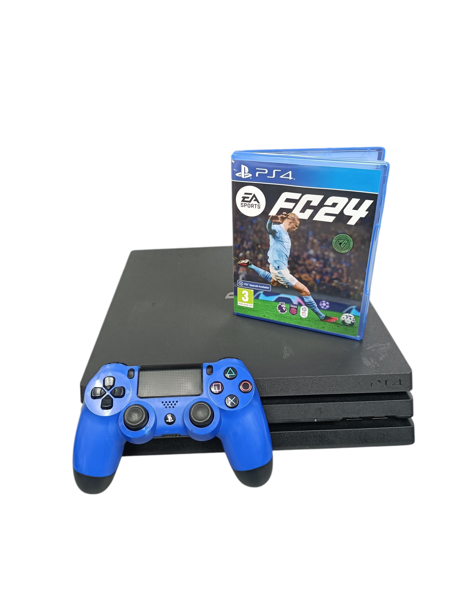 Product photo for Playstation 4 Pro Console, 1TB Black, Unboxed, 1x Blue Controller & FC24
