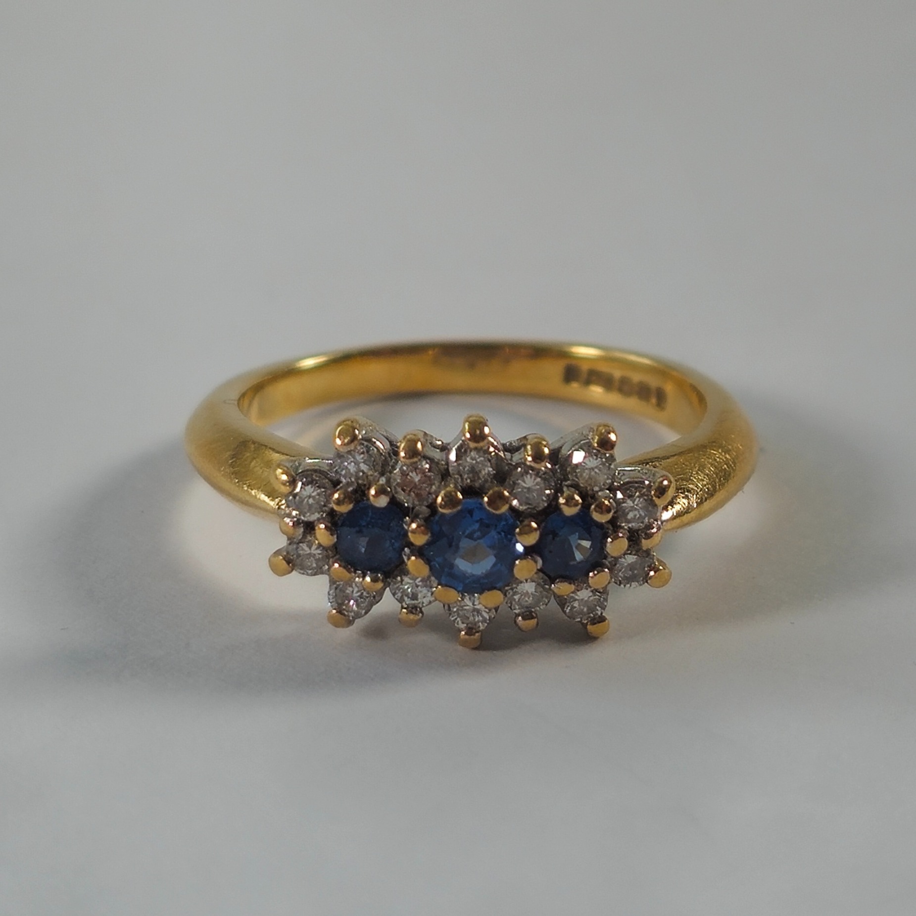 Product photo for 9ct Gold Diamond & Blue Sapphire 3 Flower Style Ring Size O