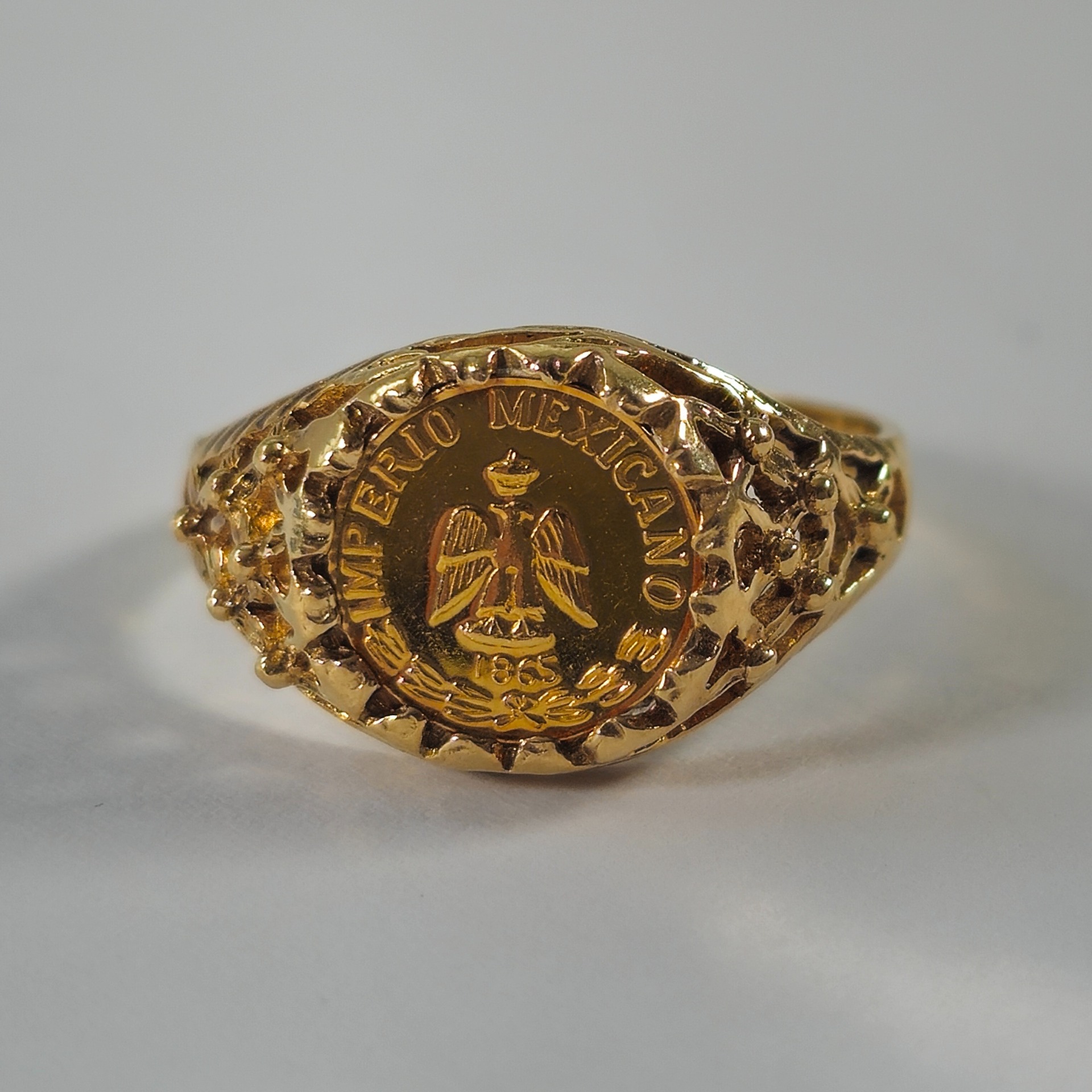 Product photo for 9ct Gold Imperio Mexican Coin Ring Size Q1/2