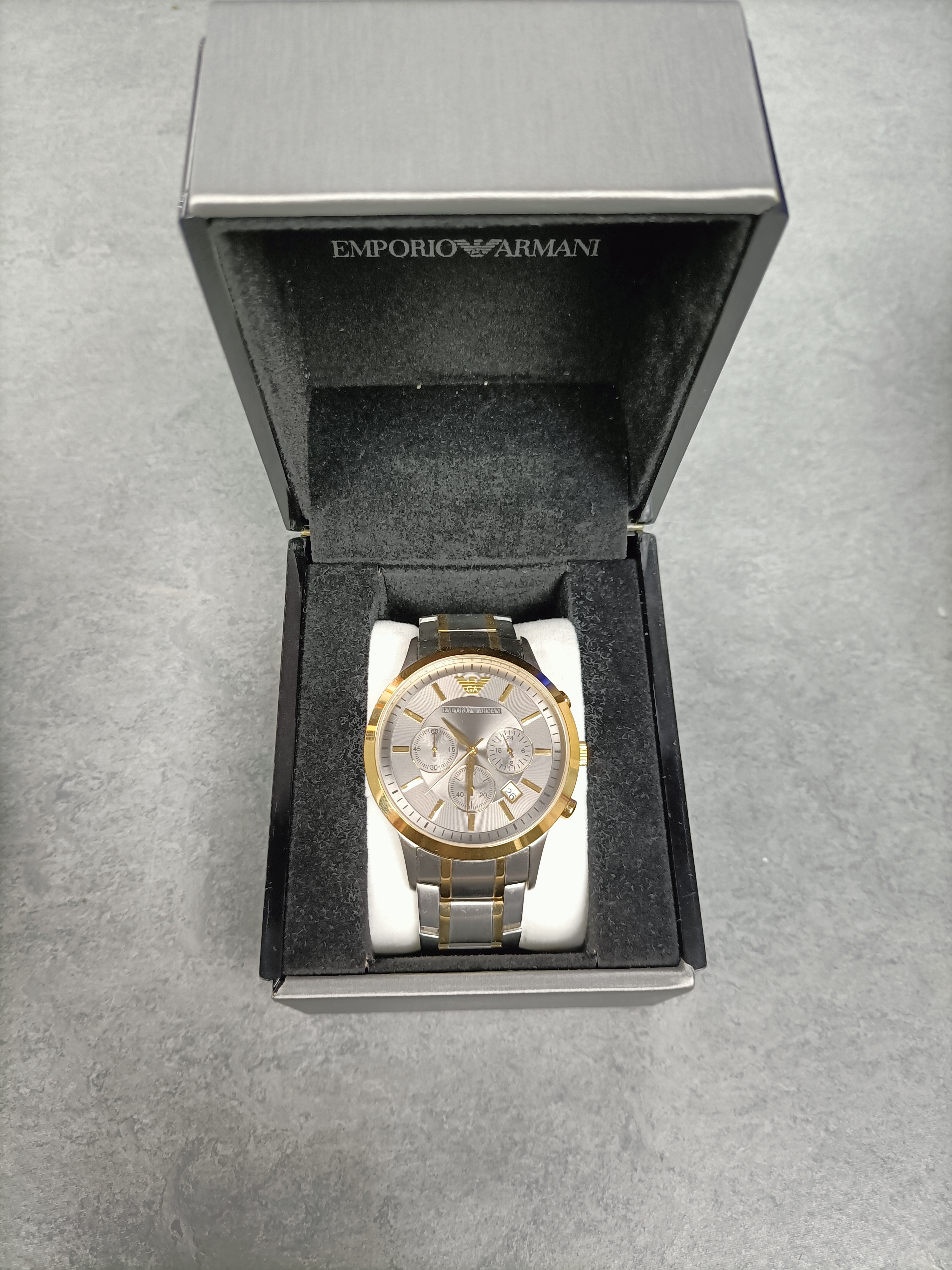 Product photo for Emporio Armani Renato Chronograph 43mm Gold Silver Men Watch AR11076