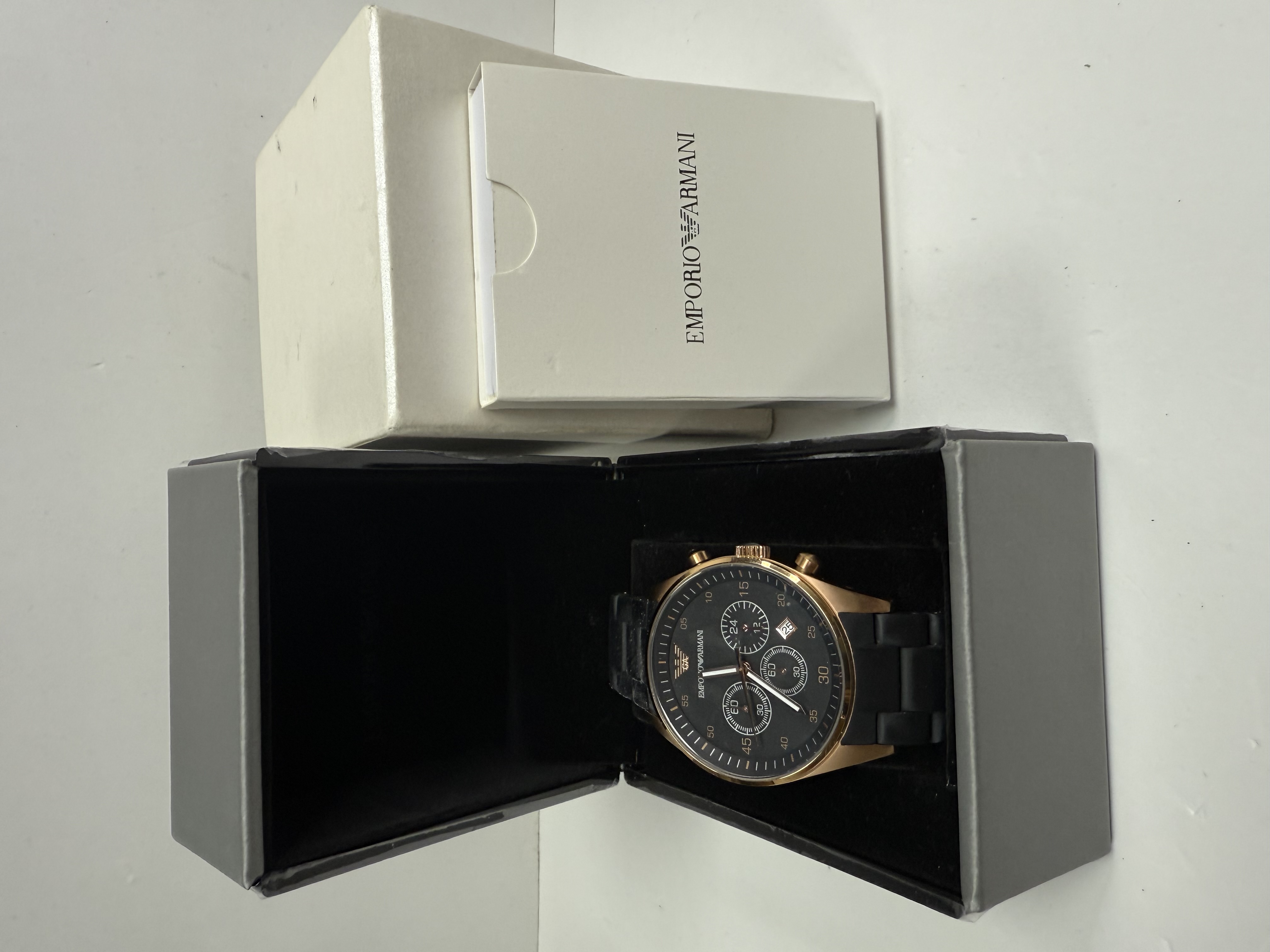 Product photo for ARMANI ROSE GOLD AND BLACK WATCH BOXED