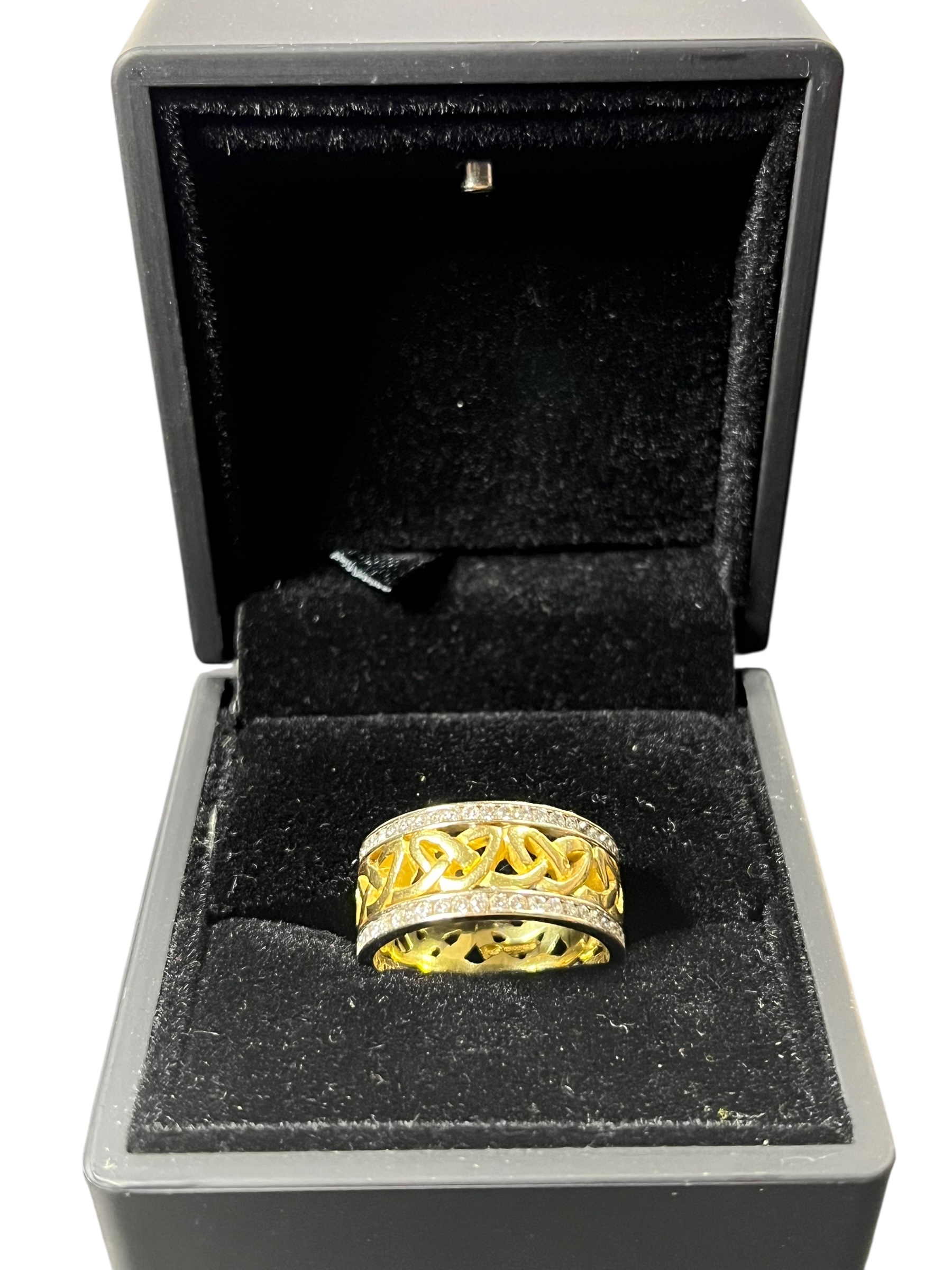 Product photo for 18ct Two-Tone Gold Diamond Celtic Band – Size T, Great Condition