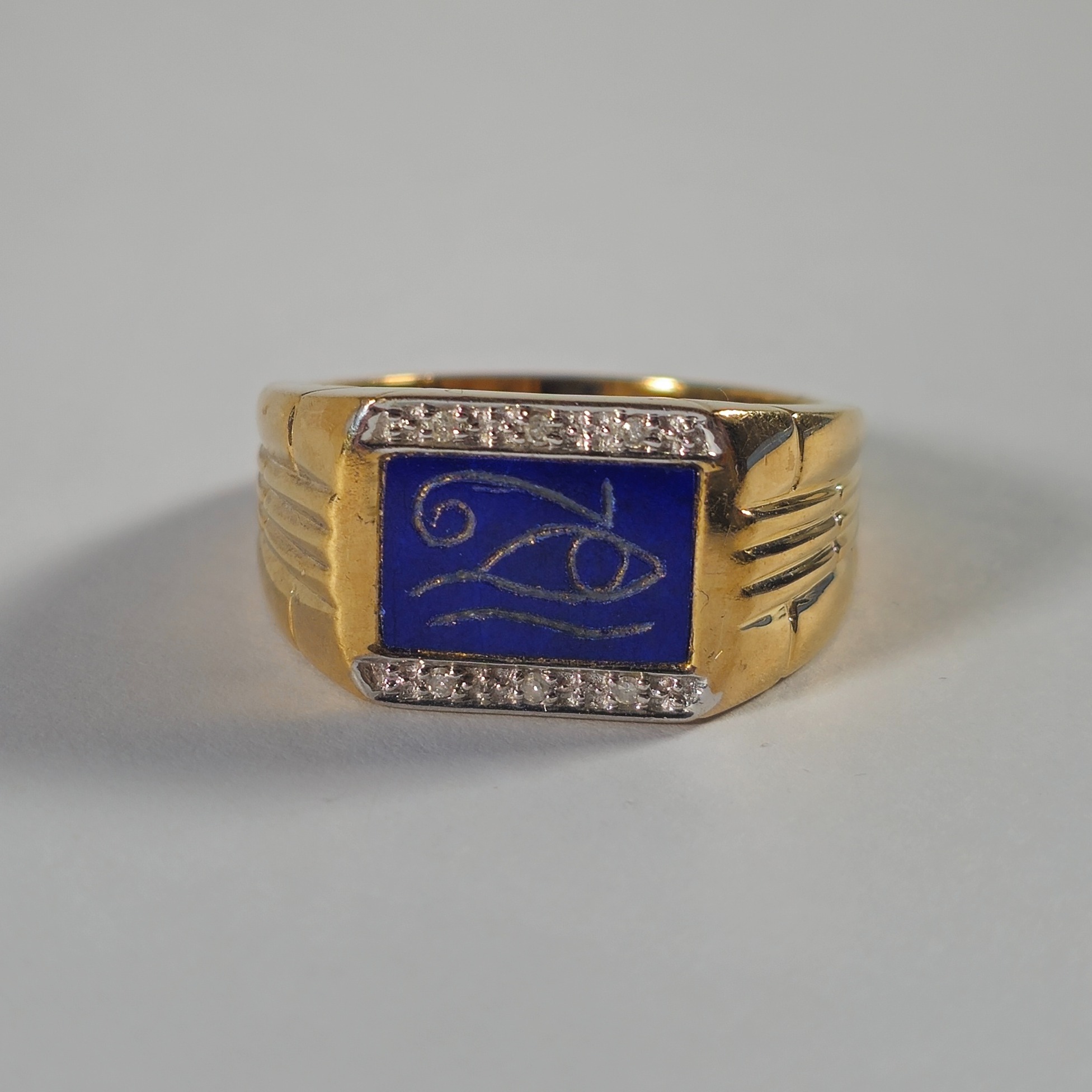 Product photo for 9ct Gold Diamond & Eye on Blue Lapis Signet Ring Size S1/2