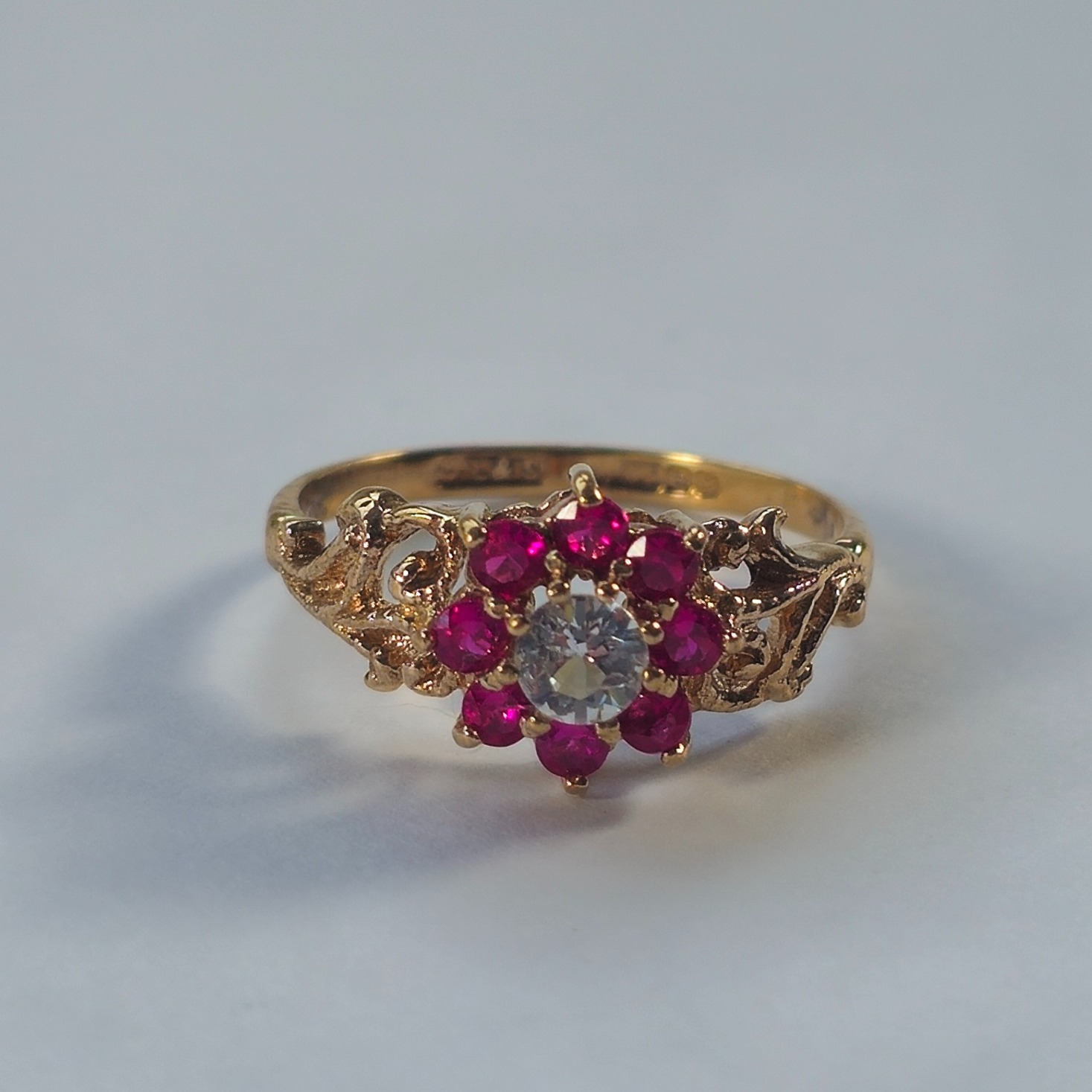Product photo for 9ct Gold Red Ruby and White Stone Flower Ring Size O
