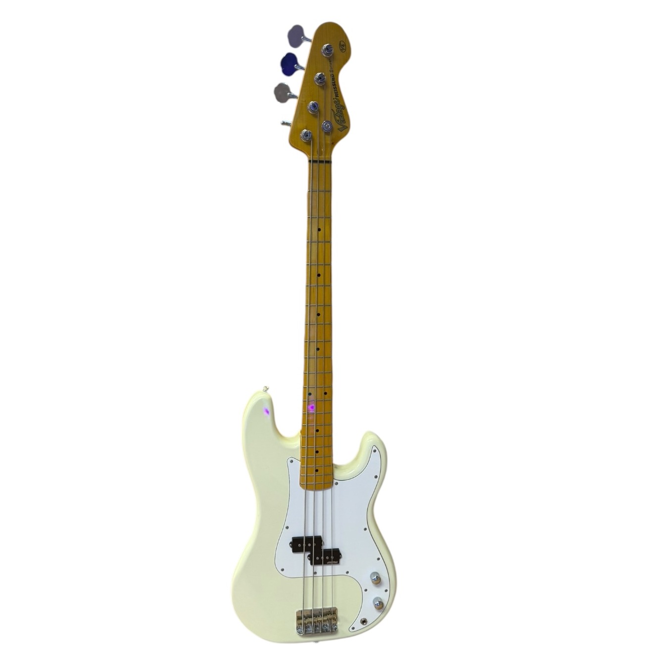 Product photo for Vintage V4MVW Maple Neck White Bass Guitar