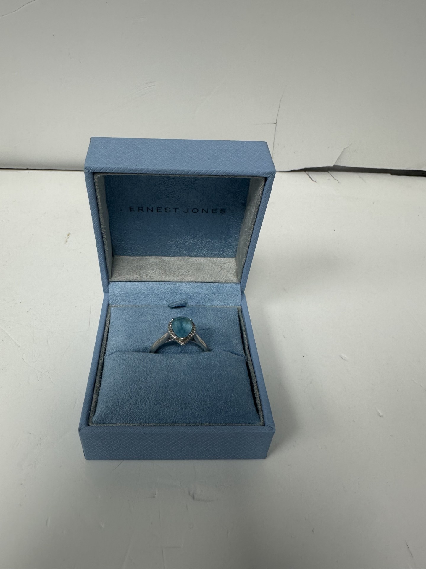 Product photo for ERNSET JONES 9CT WHITE GOLD RING WITH BLUE GEM 4 GRAMS BOXED