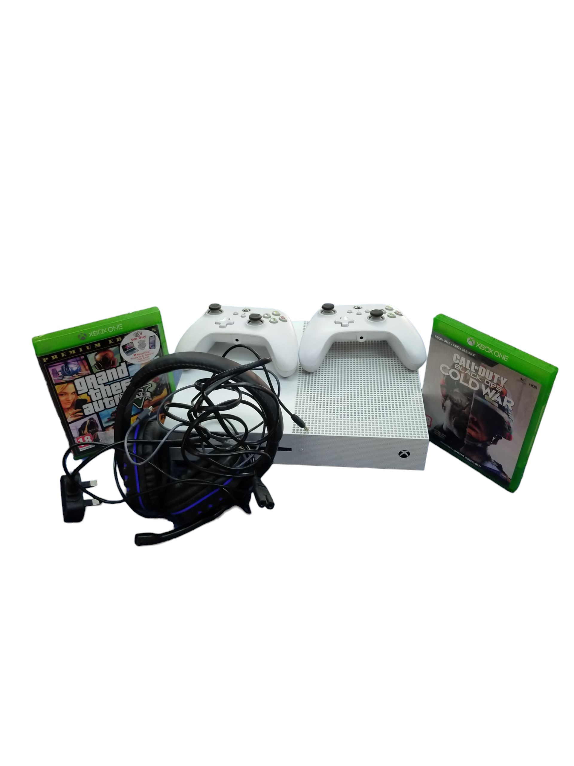 Product photo for Xbox One S 500gb + 2 PowerA Controllers (Comes with GTA V and COD Cold War)