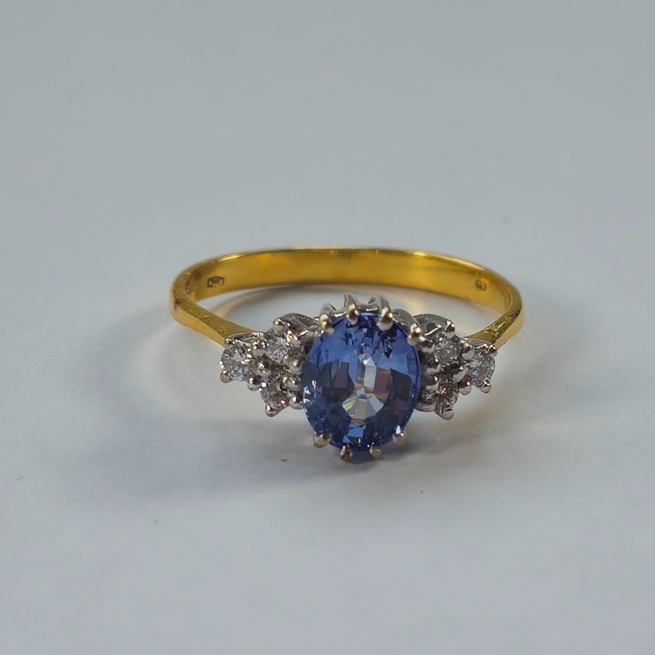 Product photo for 18ct Gold Oval Corn Blue Sapphire & White Sparkly Diamond Engagement Style Ring Size Q