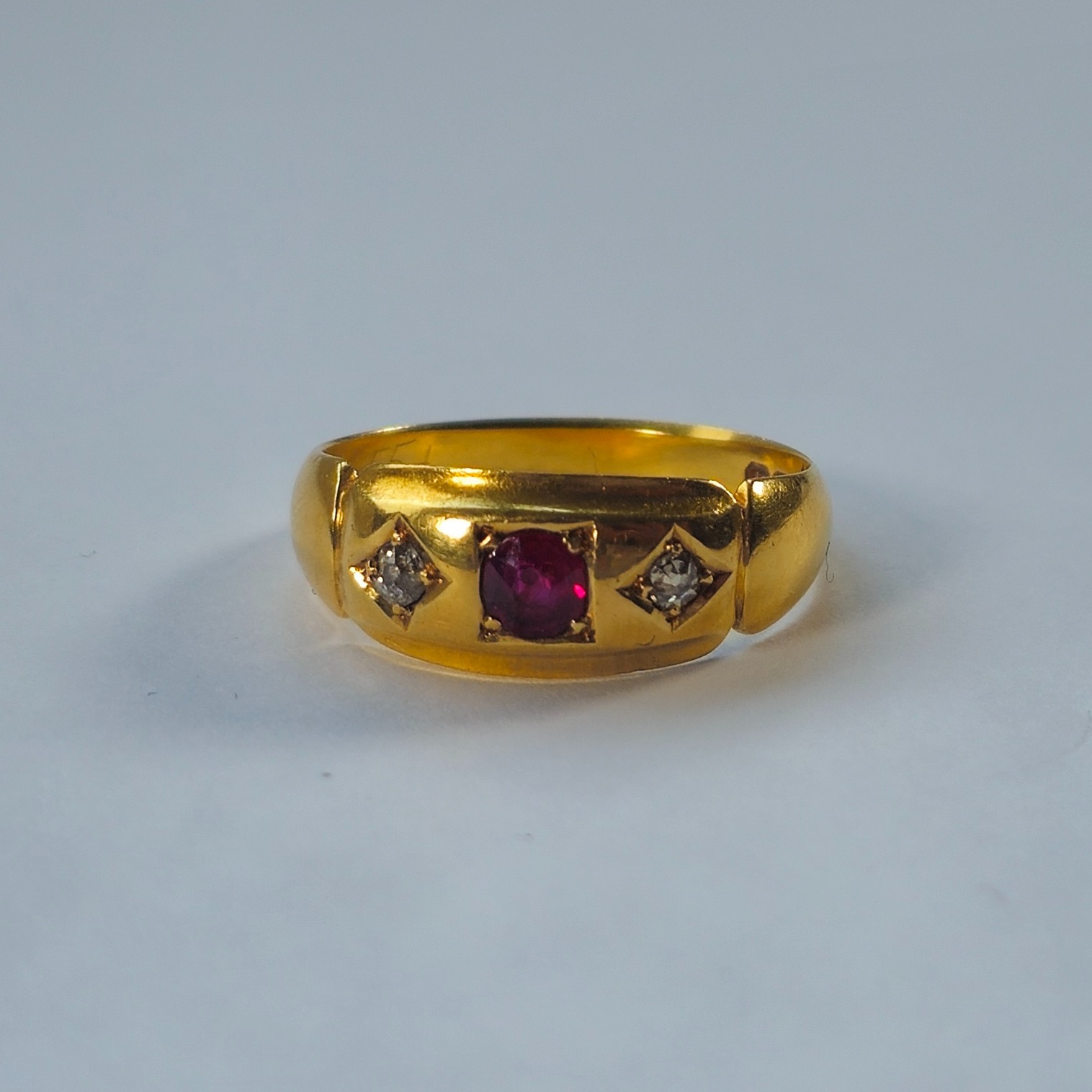 Product photo for 18ct Gold Ruby & Diamond Vintage Trilogy Wide Band Ring Size N1/2