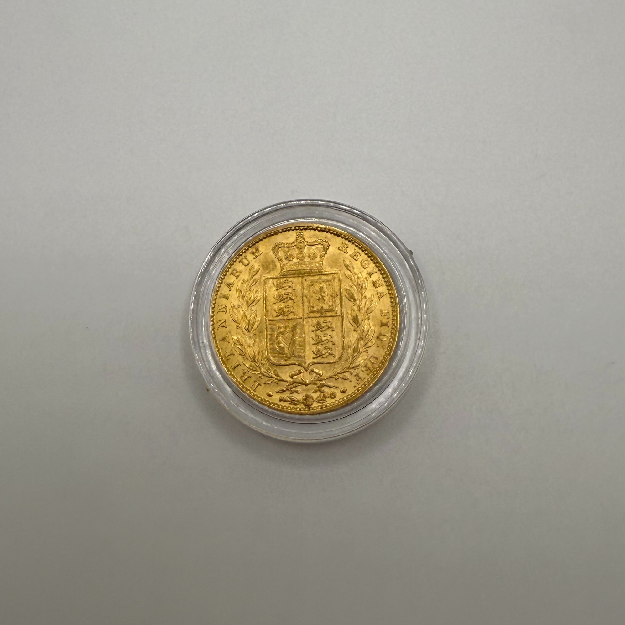 Product photo for 7.96g 1849 Full Sovereign Victoria Young Head Shield Back 22ct Gold Coin