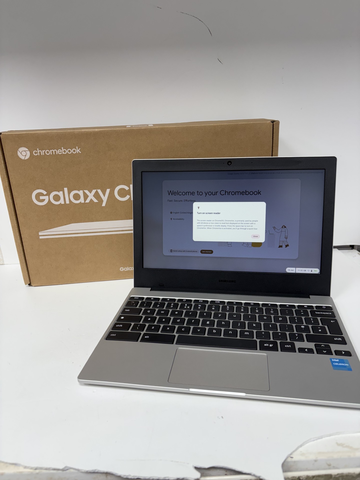 Product photo for Samsung Galaxy Chromebook 11in intel Celeron n4500 4GB RAM 64GB silver boxed