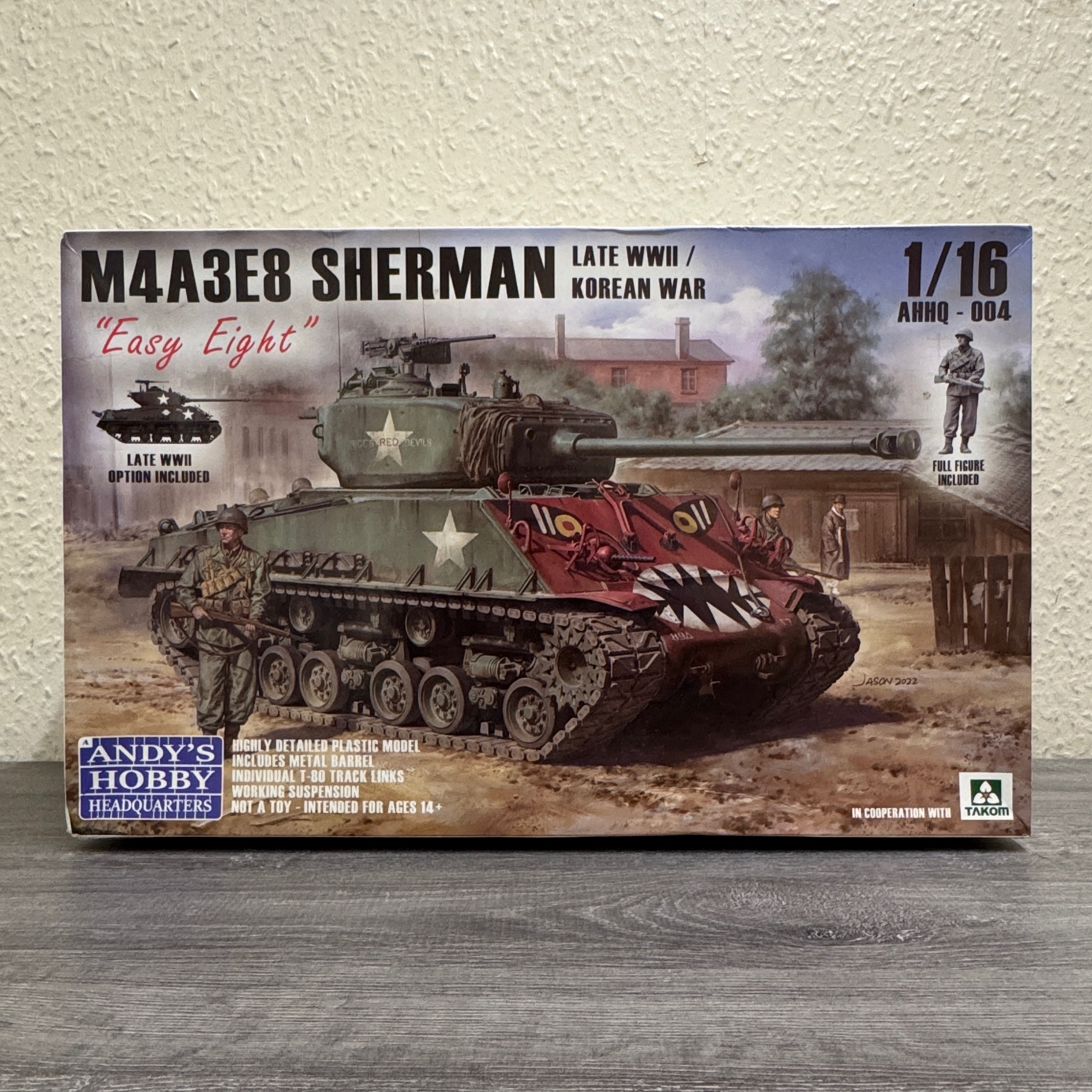 Product photo for ANDY'S HOBBY HQ004 M4A3E8 SHERMAN LATE WWII/KOREAN WAR EASY EIGHT 1:16 MODEL KIT