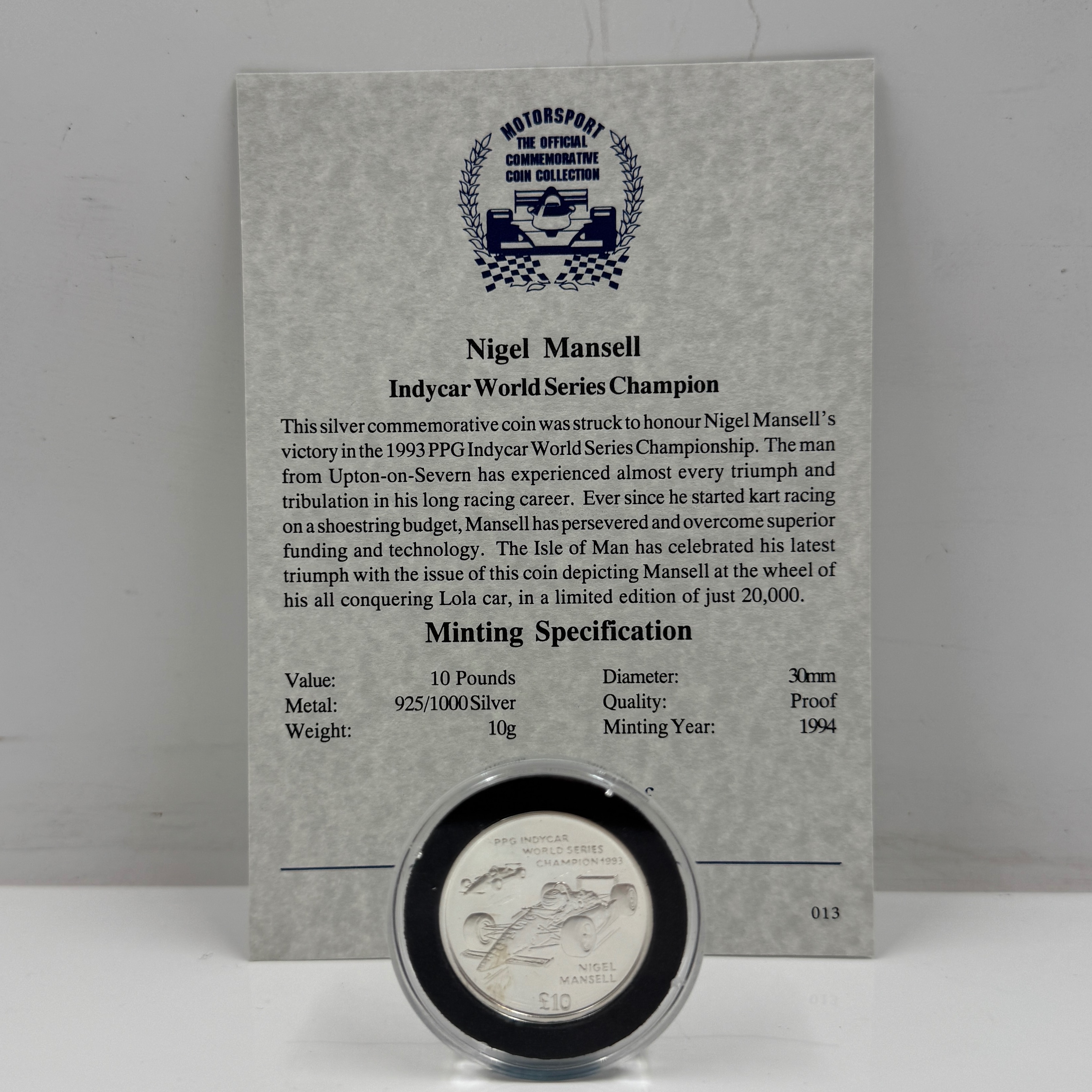 Product photo for NIGEL MANSELL INDYCAR WORLD SERIES CHAMPION 1993 SILVER £10 COIN & C.O.A