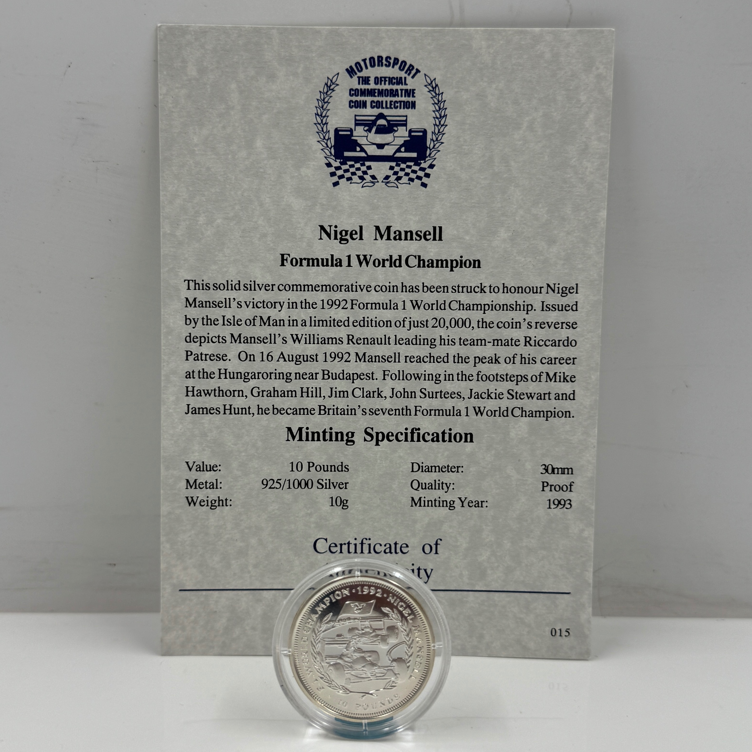Product photo for NIGEL MANSELL FORMULA 1 WORLD CHAMPION 1992 SILVER £10 COIN & C.O.A