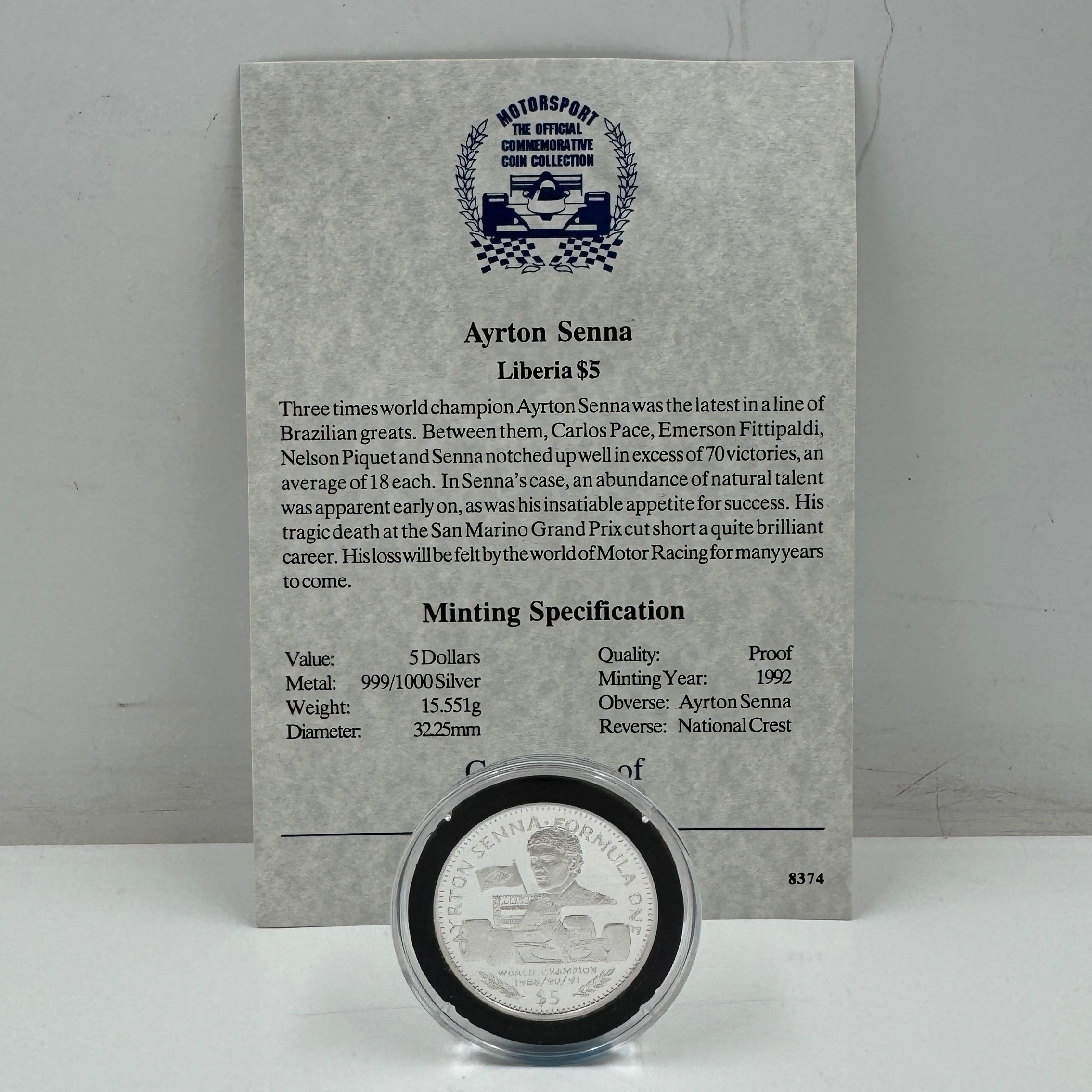 Product photo for AYRTON SENNA LIBERIA FORMULA 1 WORLD CHAMPION $5 .999 SILVER COIN & C.O.A