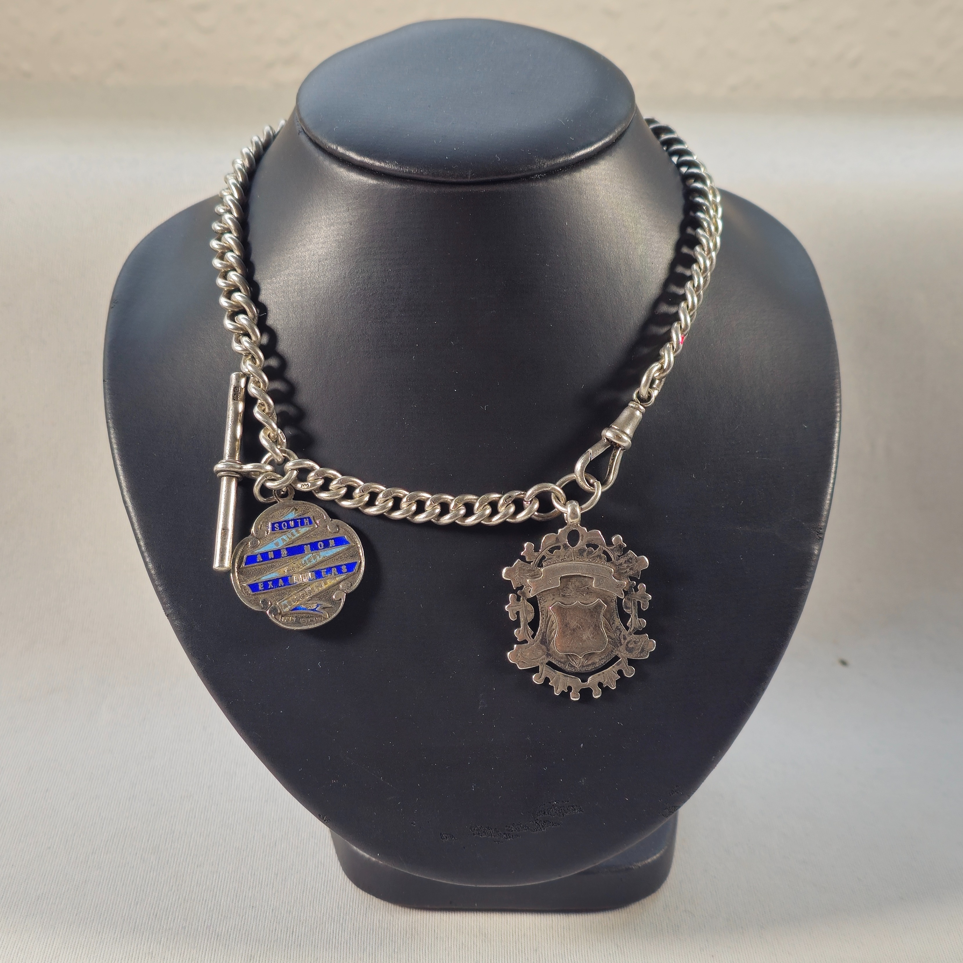Product photo for 925 Silver Oval Twisted Curb / Fob Watch Chain with 2 Charms 11.6
