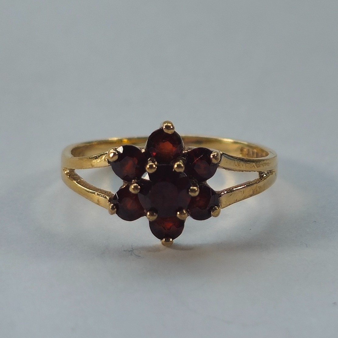 Product photo for 9ct Gold Garnet Red Flower Ring Size G