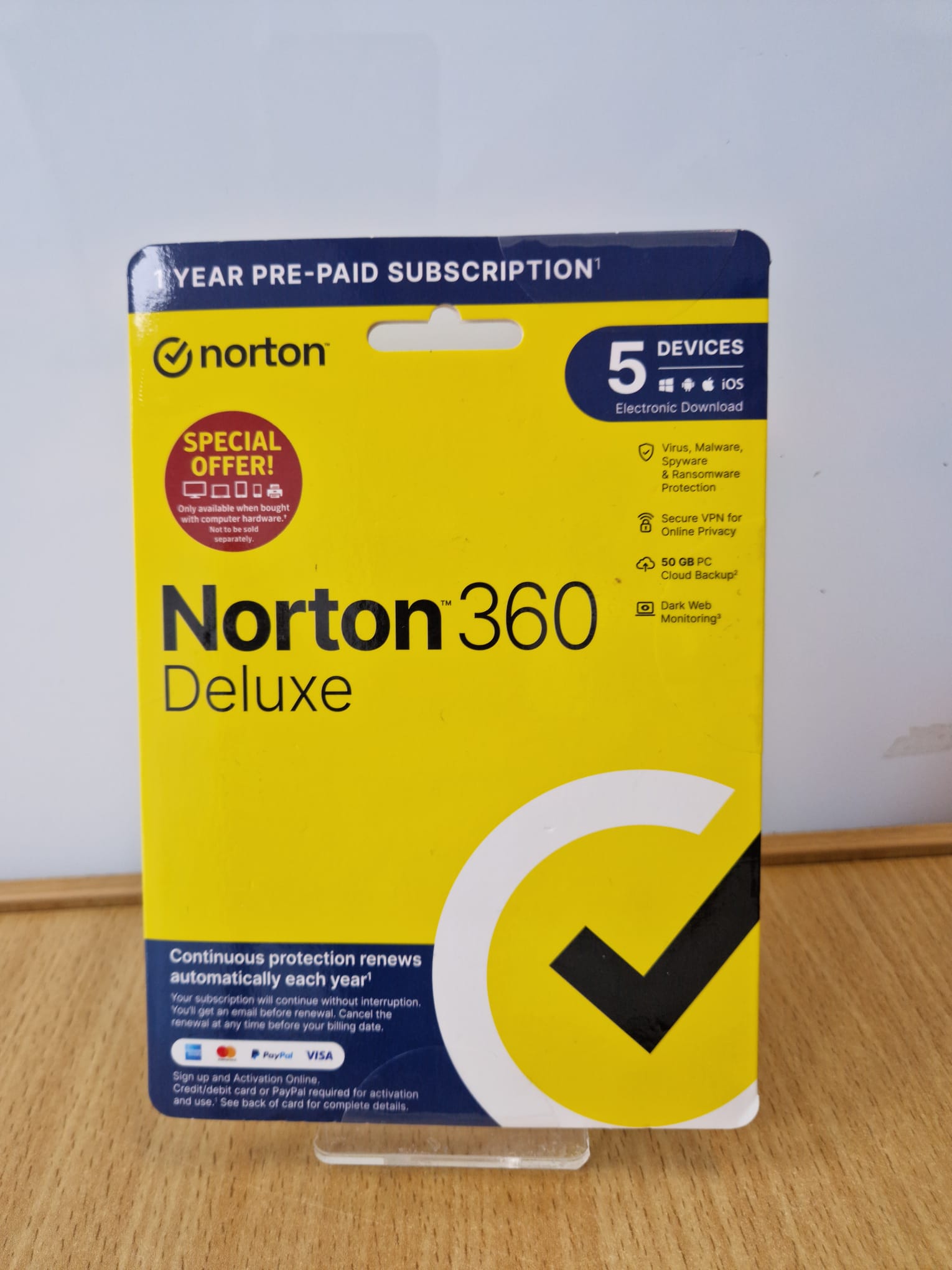 Product photo for Norton  Norton 360 Deluxe 1 Year 5 Devices Prepaid – Brand New & Sealed