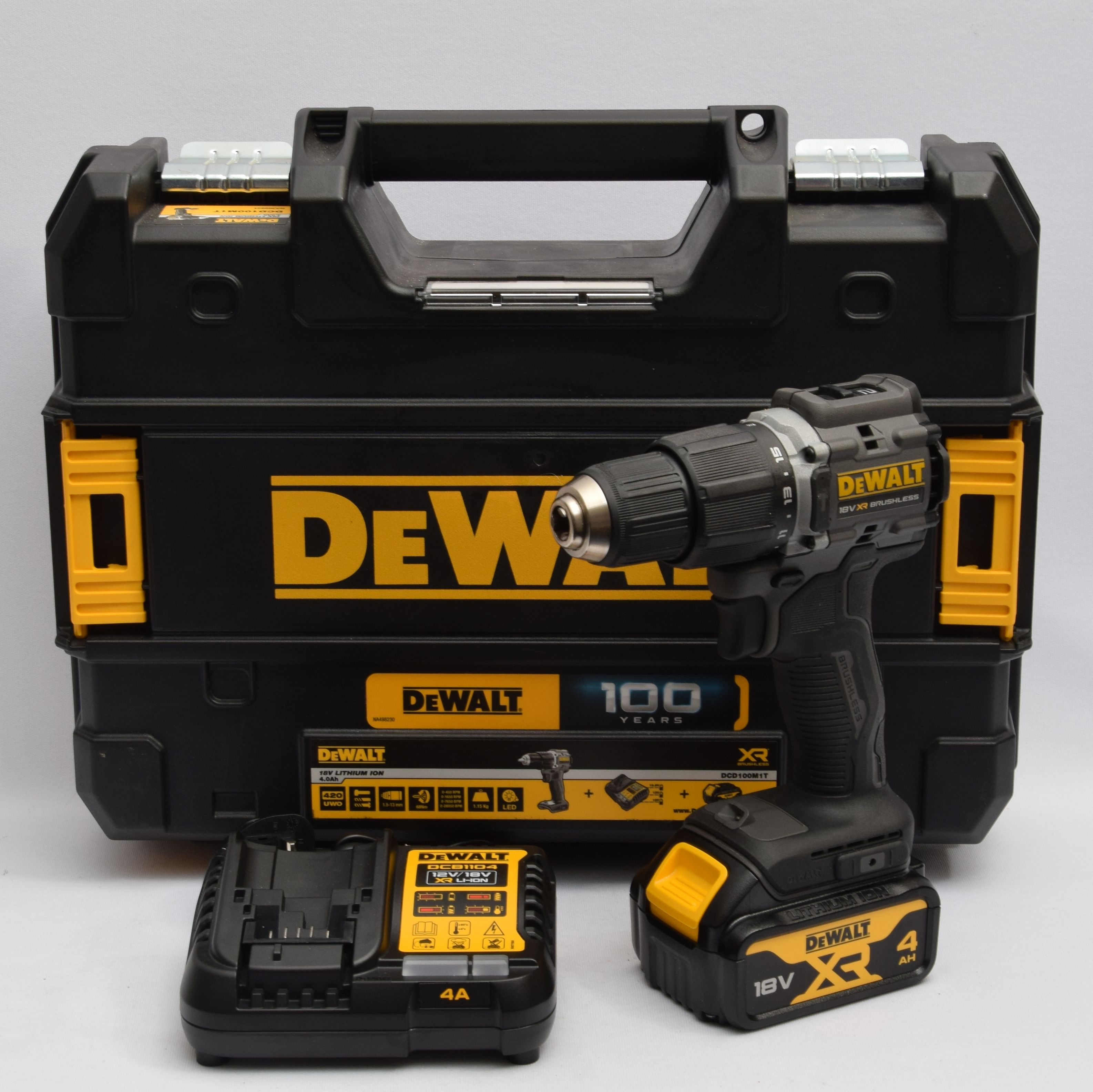 Product photo for Dewalt DCD100M1T XR 18v Brushless Combi Drill, 4AH Battery & Charger (U)