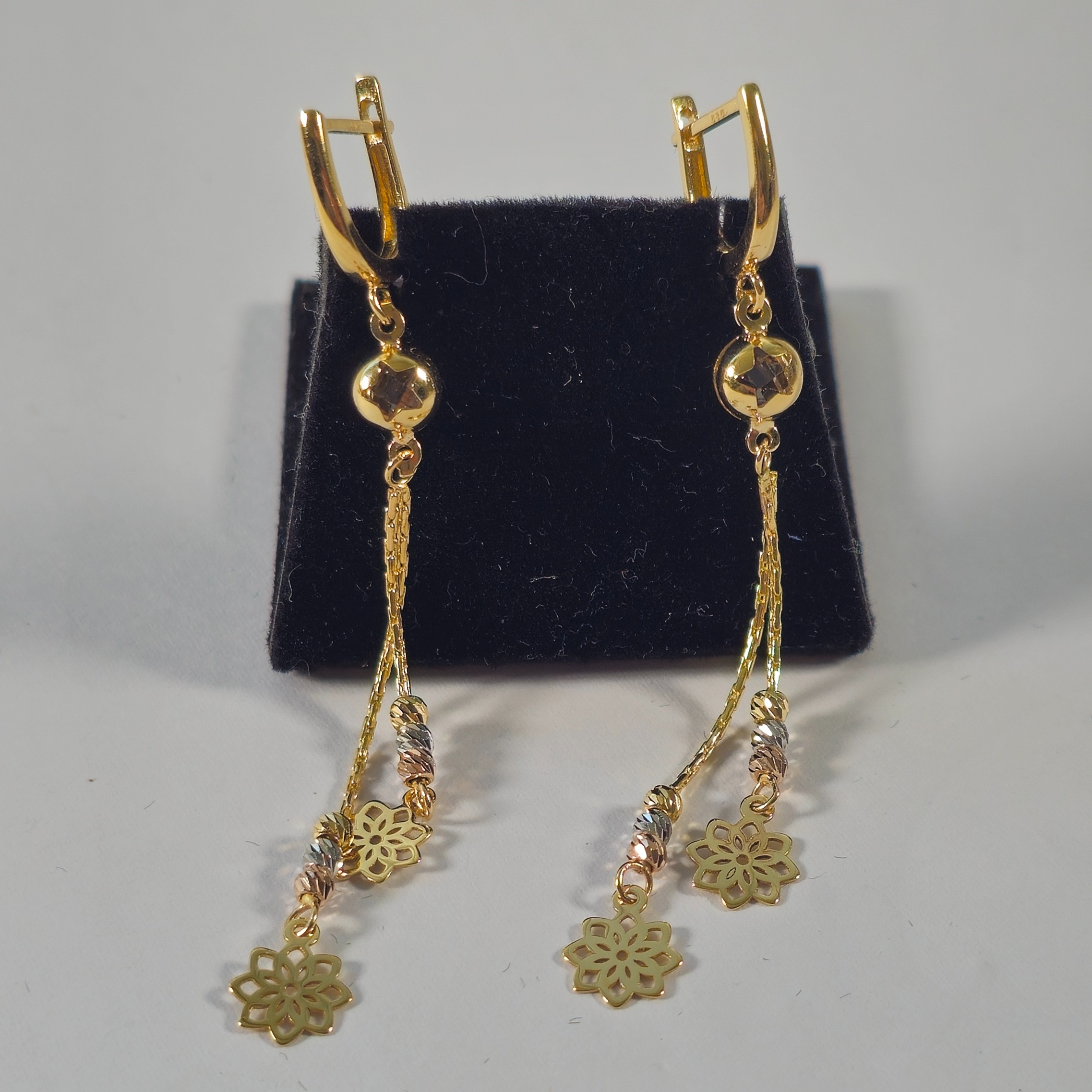 Product photo for 14ct Gold 3-tone Long Drop Bead & Flower Tassel Style Earrings