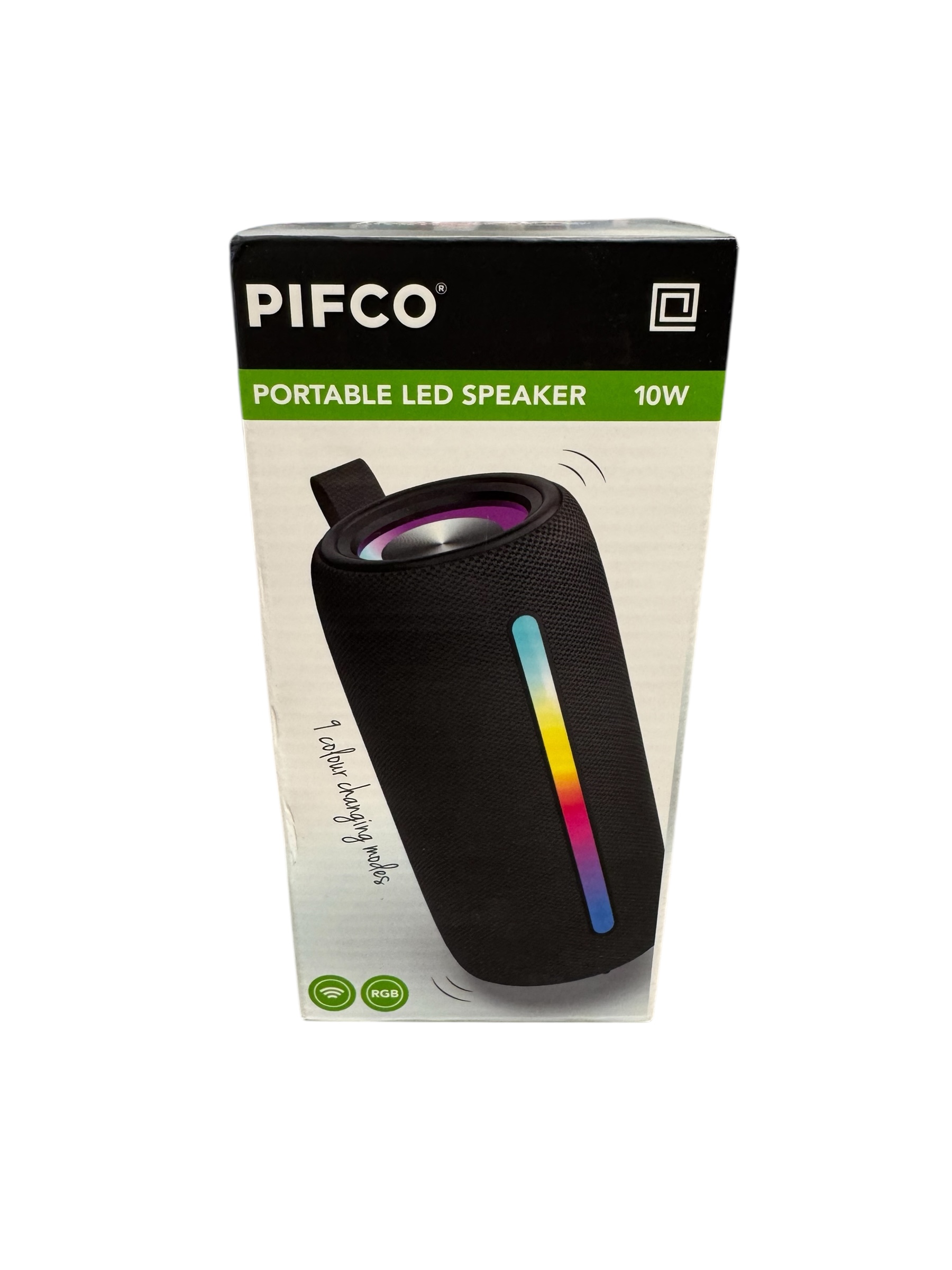 Product photo for PIFCO Portable LED Speaker. 10W. Wireless Rechargeable USB-C. 9 Light Modes. TWS