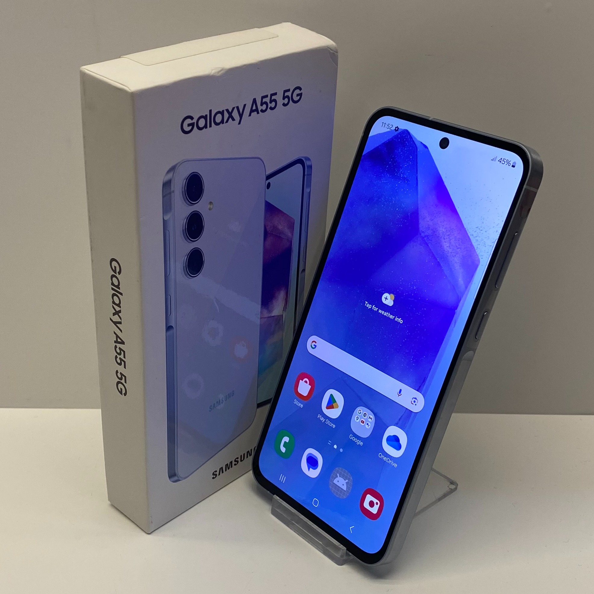 Product photo for Samsung Galaxy A55 5G Unlocked Model SM-A556B/DS 128GB in Awesome Iceblue Boxed