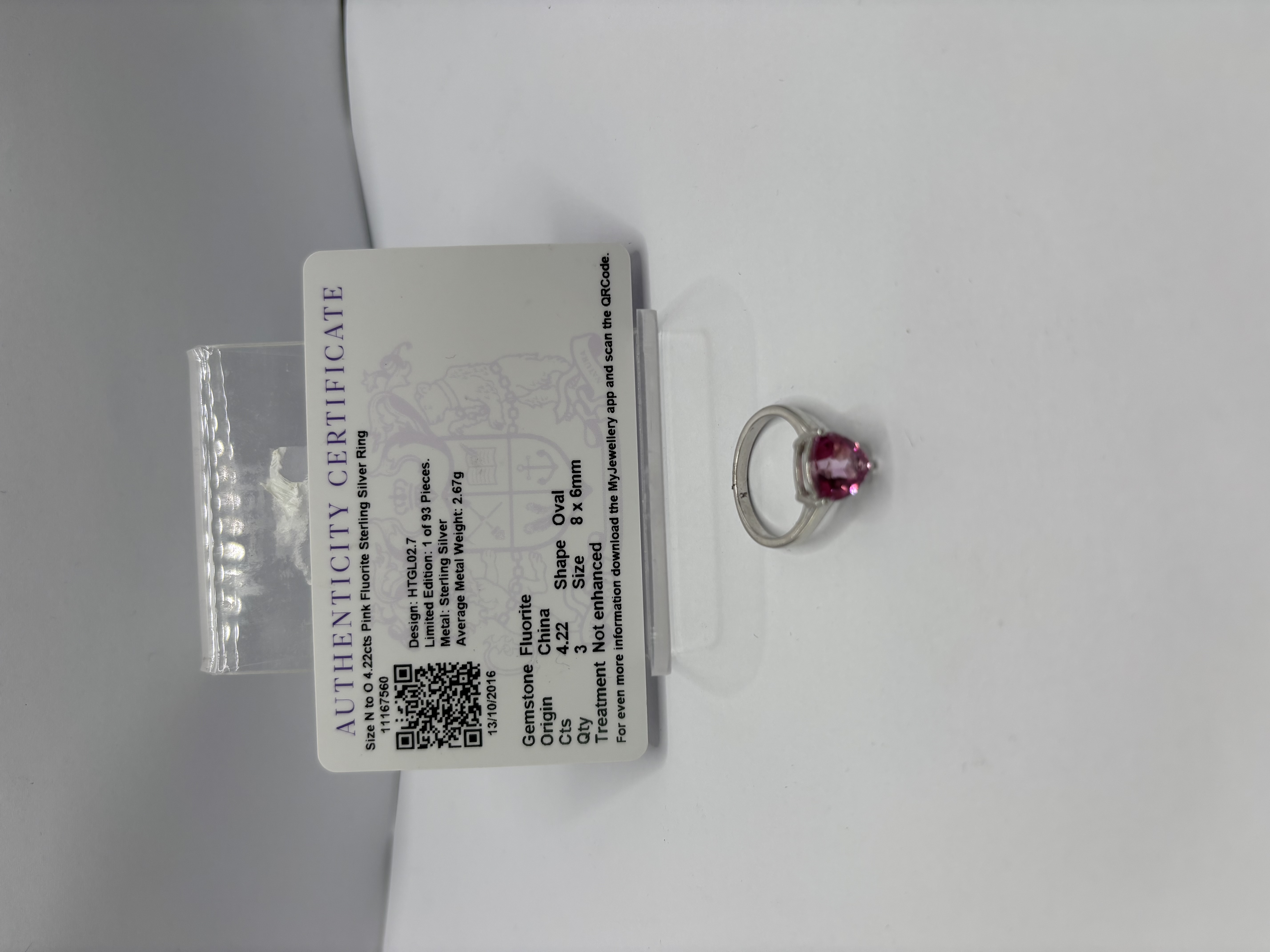 Product photo for 4.22ct Pink Fluorite, Triangle Shaped from China with Card Certificate, 3.40g 925 Silver Ring