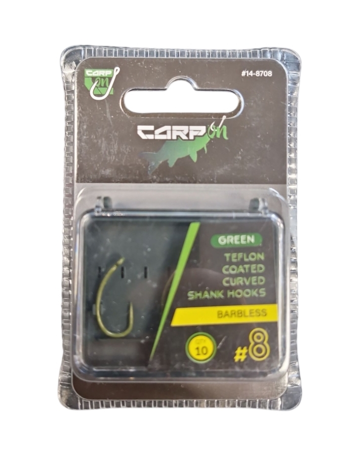 Product photo for Teflon Coated Curved Shank Hooks- Green - Barbless x10 #8