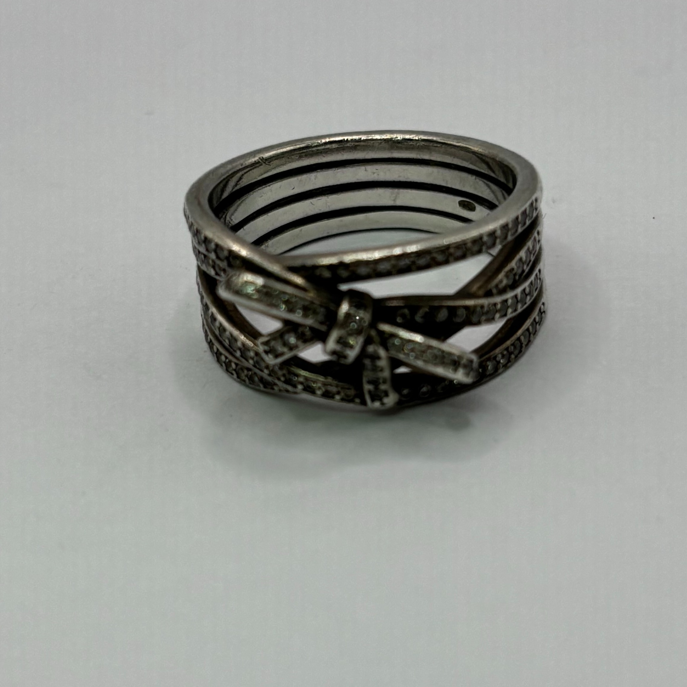 Product photo for 7.44g 925 Silver Bow CZ Stripes Wide Band Ring