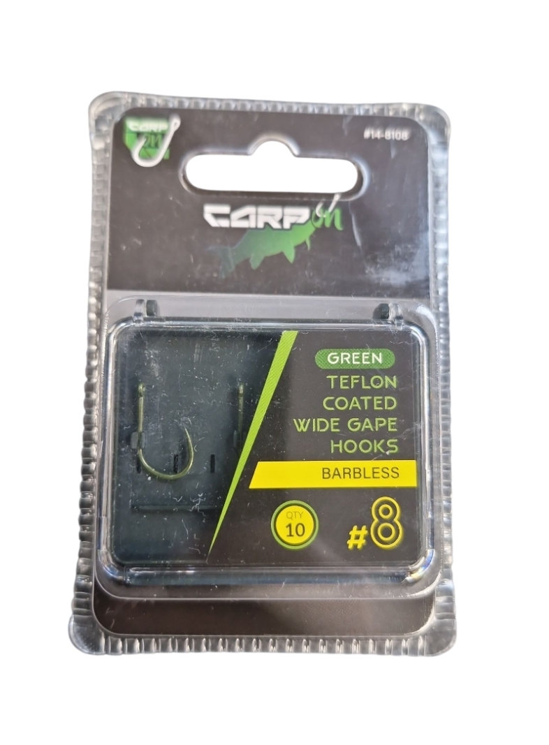 Product photo for Teflon Coated Wide Gape Hooks - Green Barbless x10 #8