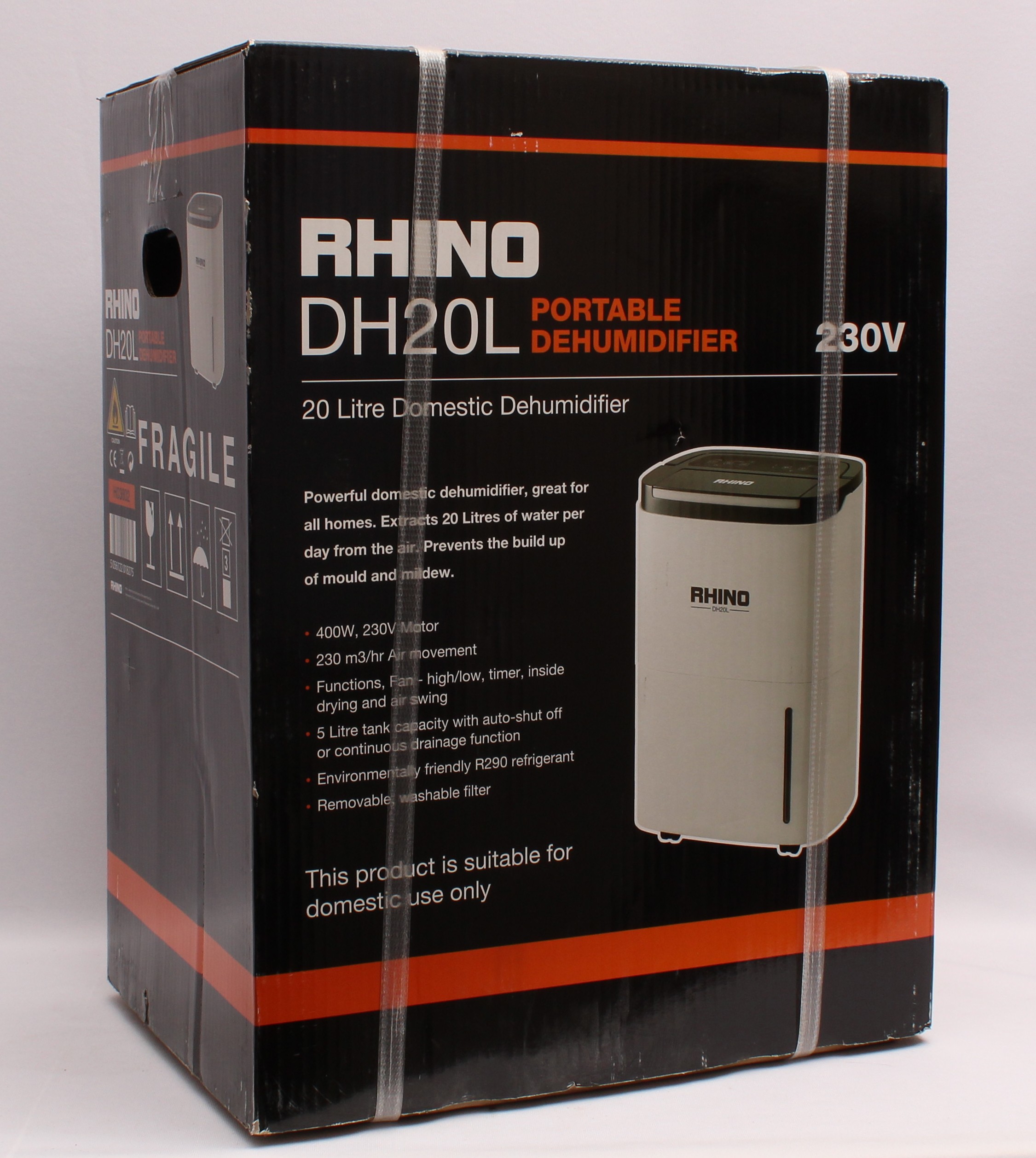 Product photo for Rhino DH20L 20L 230v Portable Domestic Dehumidifier - White New
