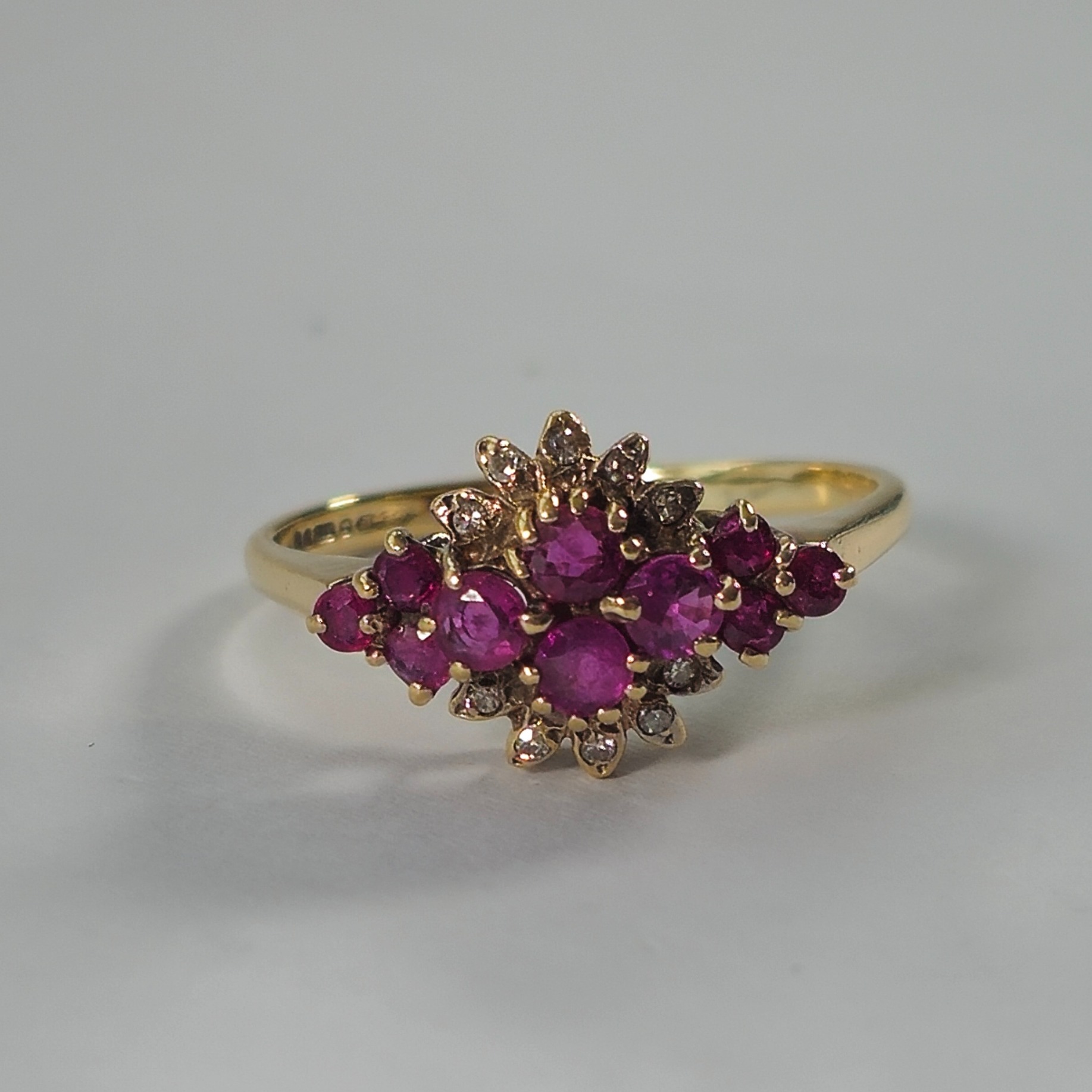 Product photo for 9ct Gold Ruby & Diamond Boat Cluster Ring Size Q