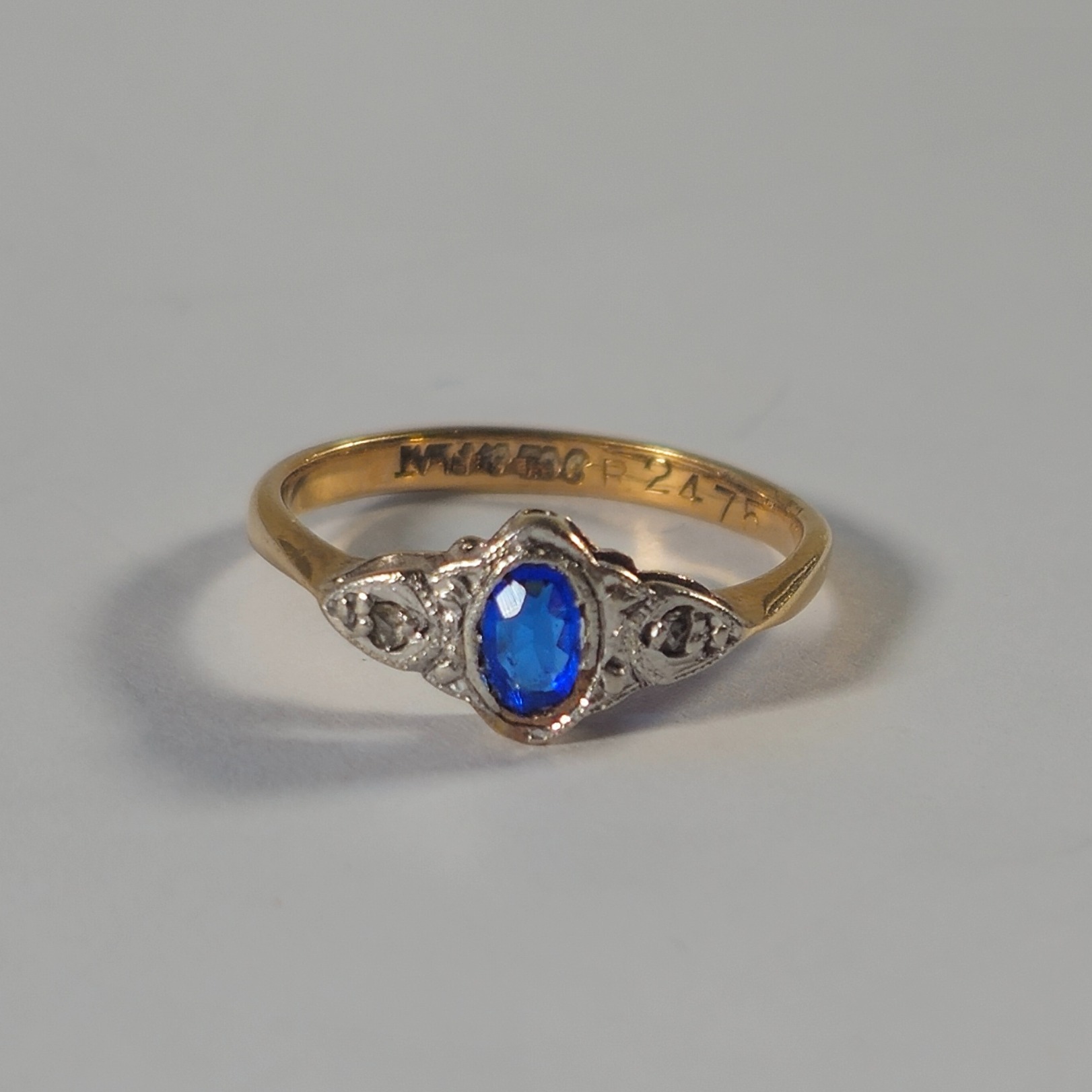 Product photo for 9ct Gold & Platinum Blue Stone Tiny Diamond Vintage Ring Size J