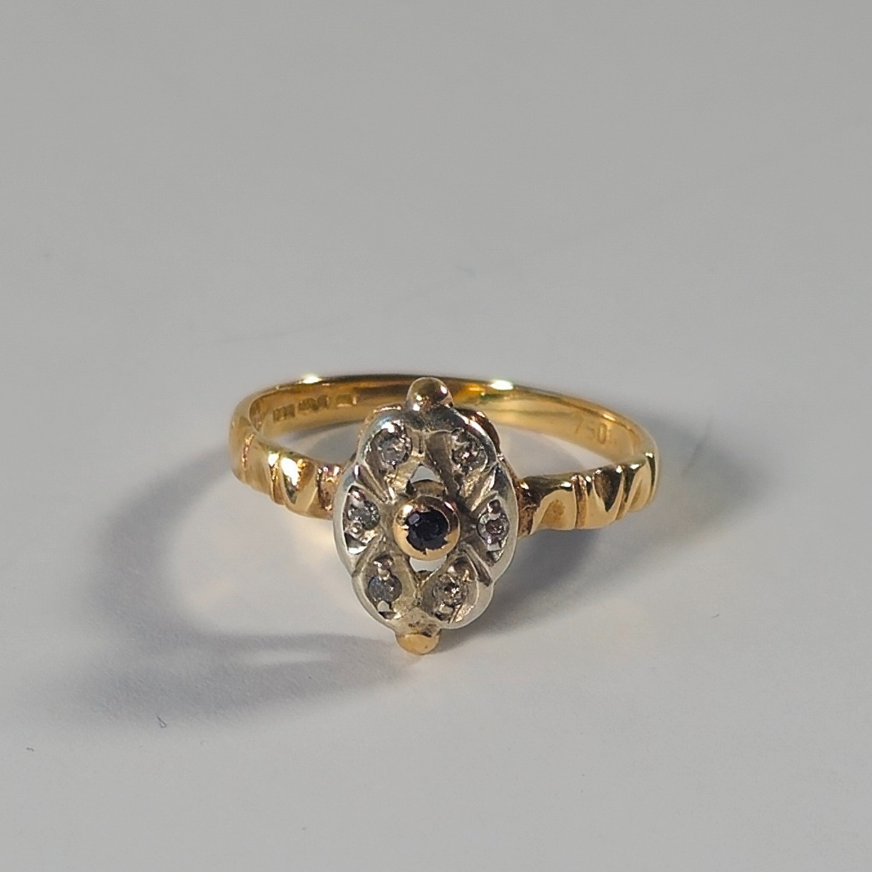 Product photo for 18ct Gold, 14ct Silver Diamond & Dark Stone Marquise Shape Vintage Ring Size L1/2